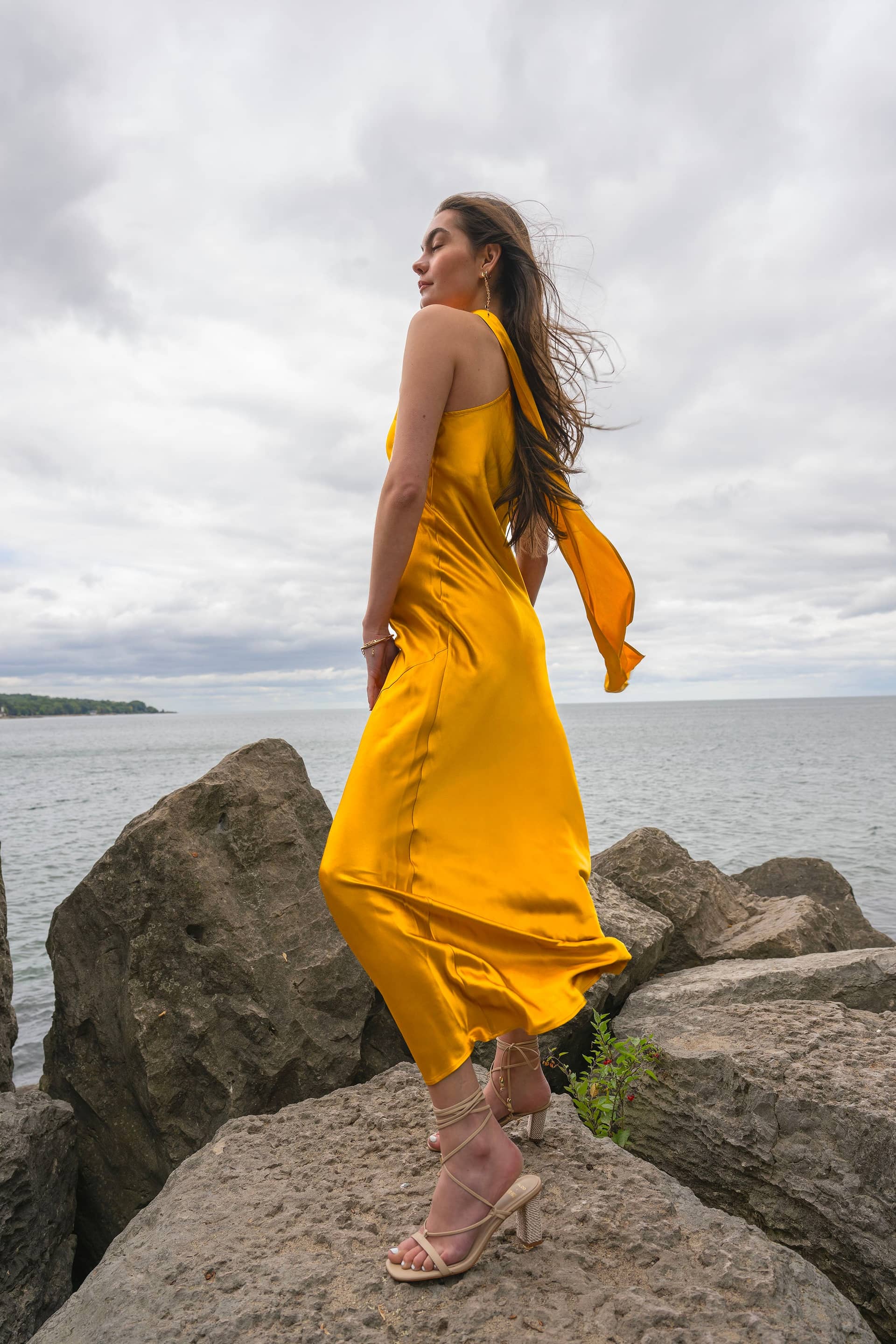 Amal Silk Slip Dress with Floral Corsage in Yellow made by Vasiliki
