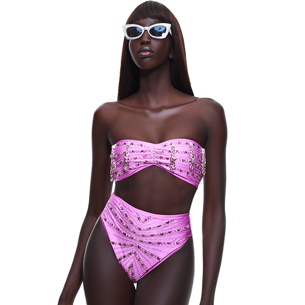 Lara High Rise Angular Beading Bikini Set Pink in Pink made by Oceanus Swimwear