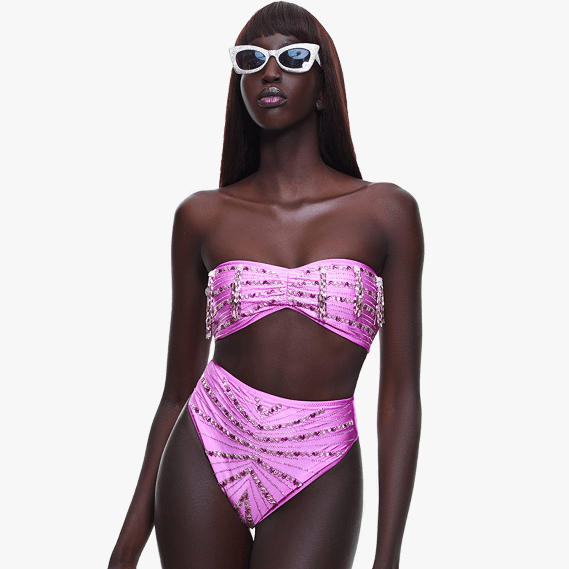 Lara High Rise Angular Beading Bikini Set Pink in Pink made by Oceanus Swimwear