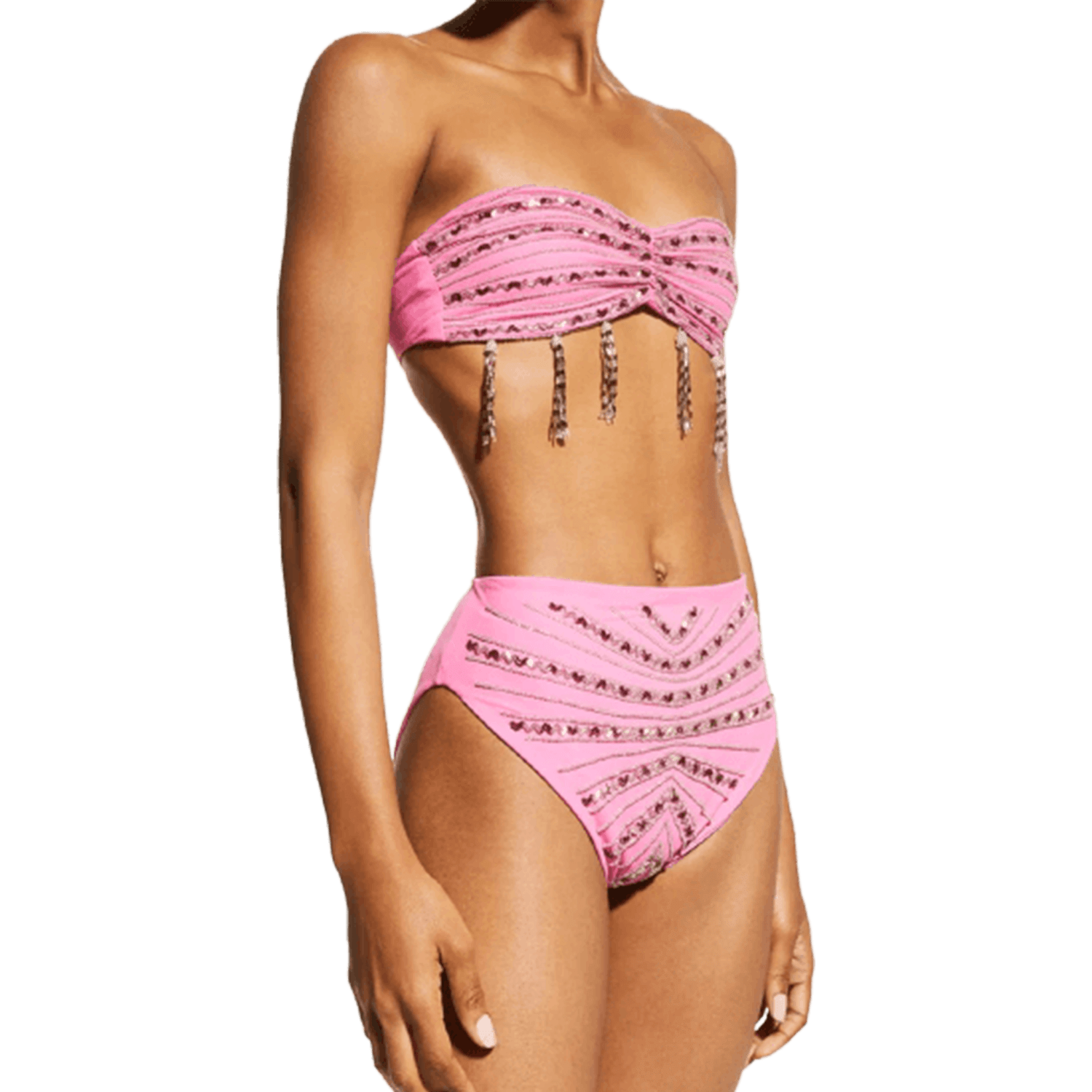 Lara High Rise Angular Beading Bikini Set Pink in Pink made by Oceanus Swimwear