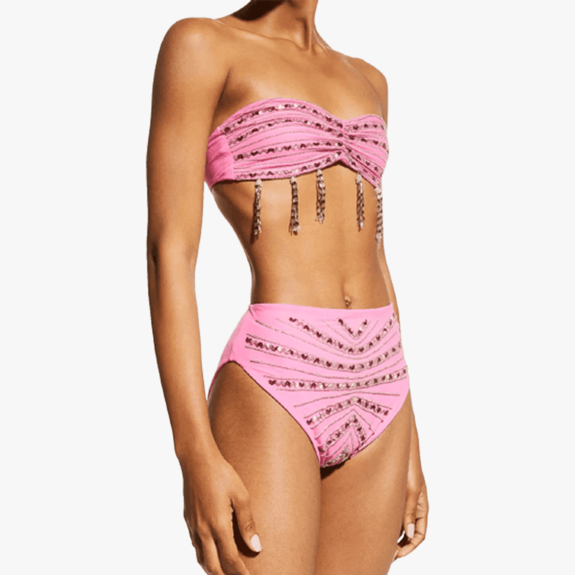 Lara High Rise Angular Beading Bikini Set Pink in Pink made by Oceanus Swimwear