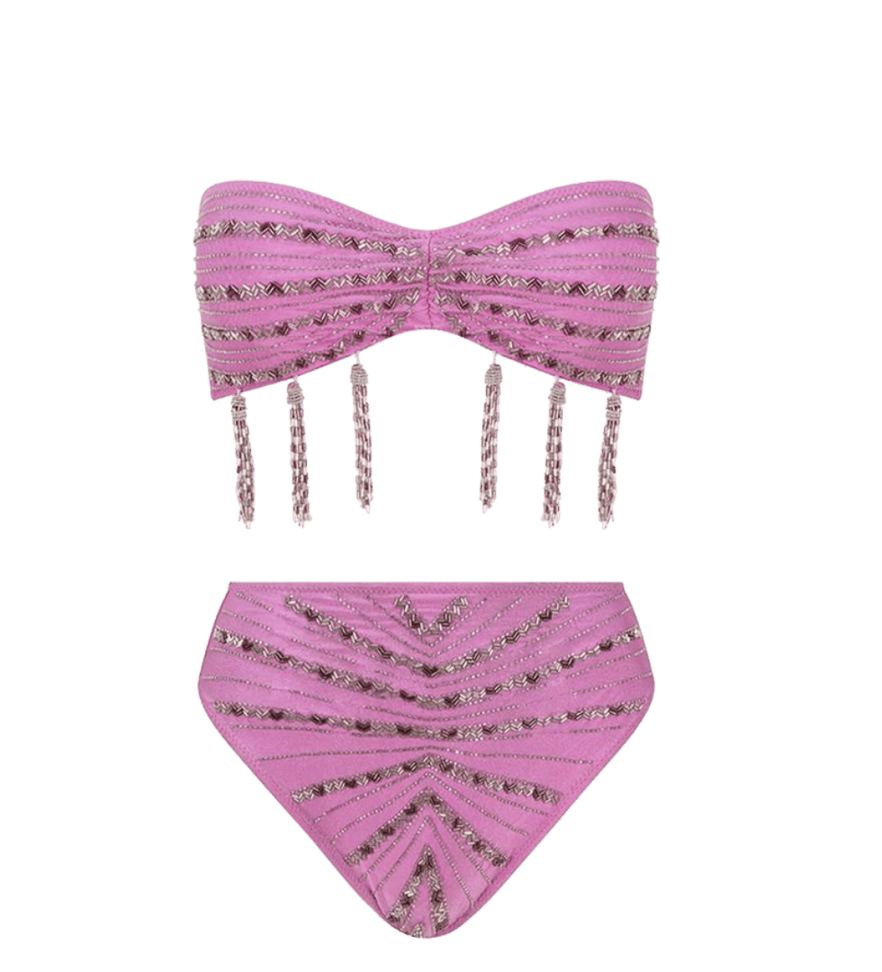Lara High Rise Angular Beading Bikini Set Pink in Pink made by Oceanus Swimwear