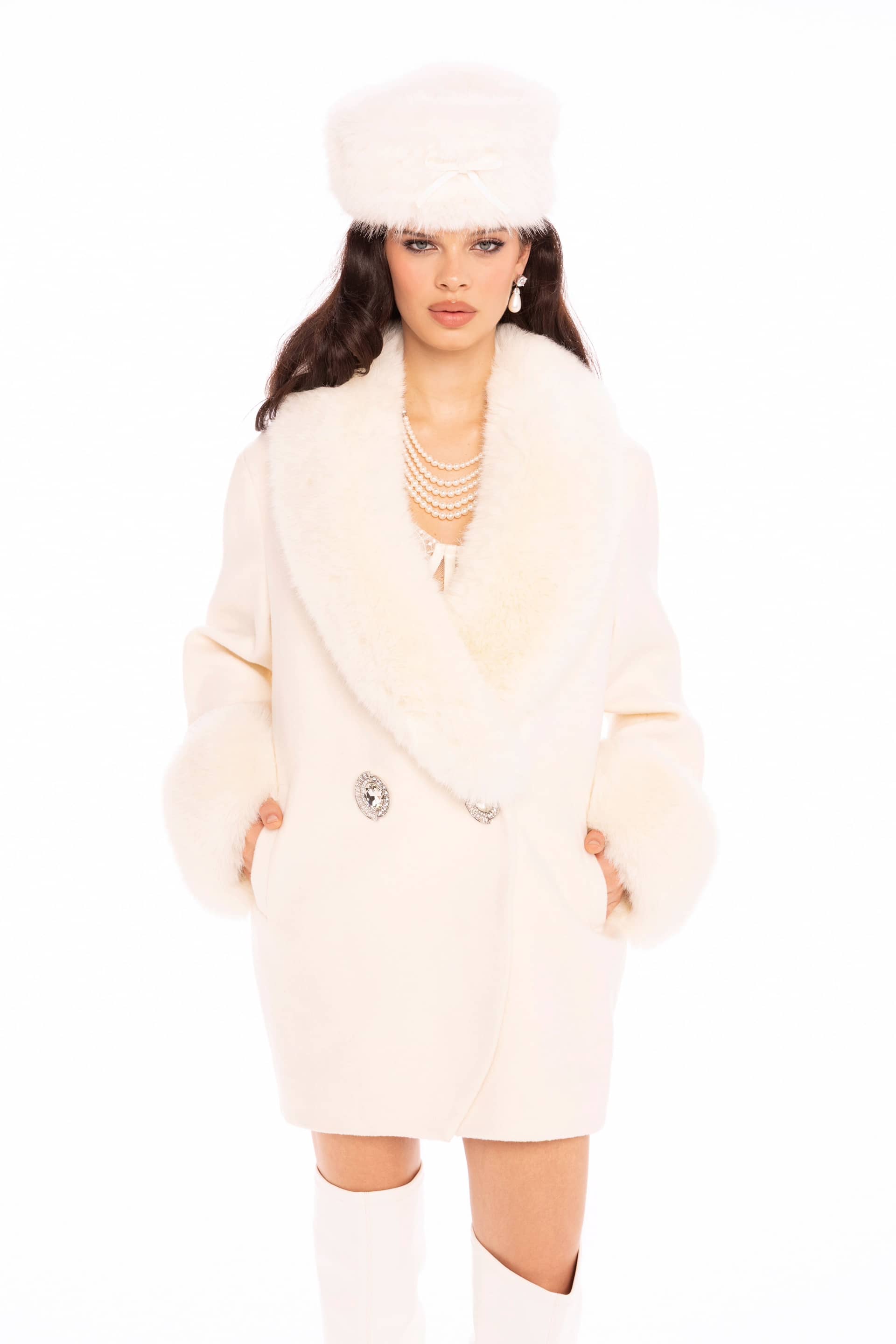 Althea Faux Fur Collar Cocoon Coat (White) made by Nana Jacqueline