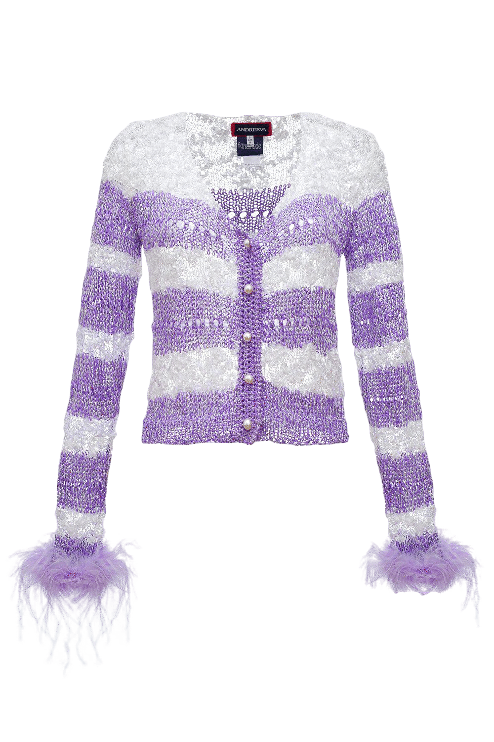 Lavender Handmade Knit Sweater With Detachable Feather Details On The Cuffs and Pearl Buttons made by ANDREEVA