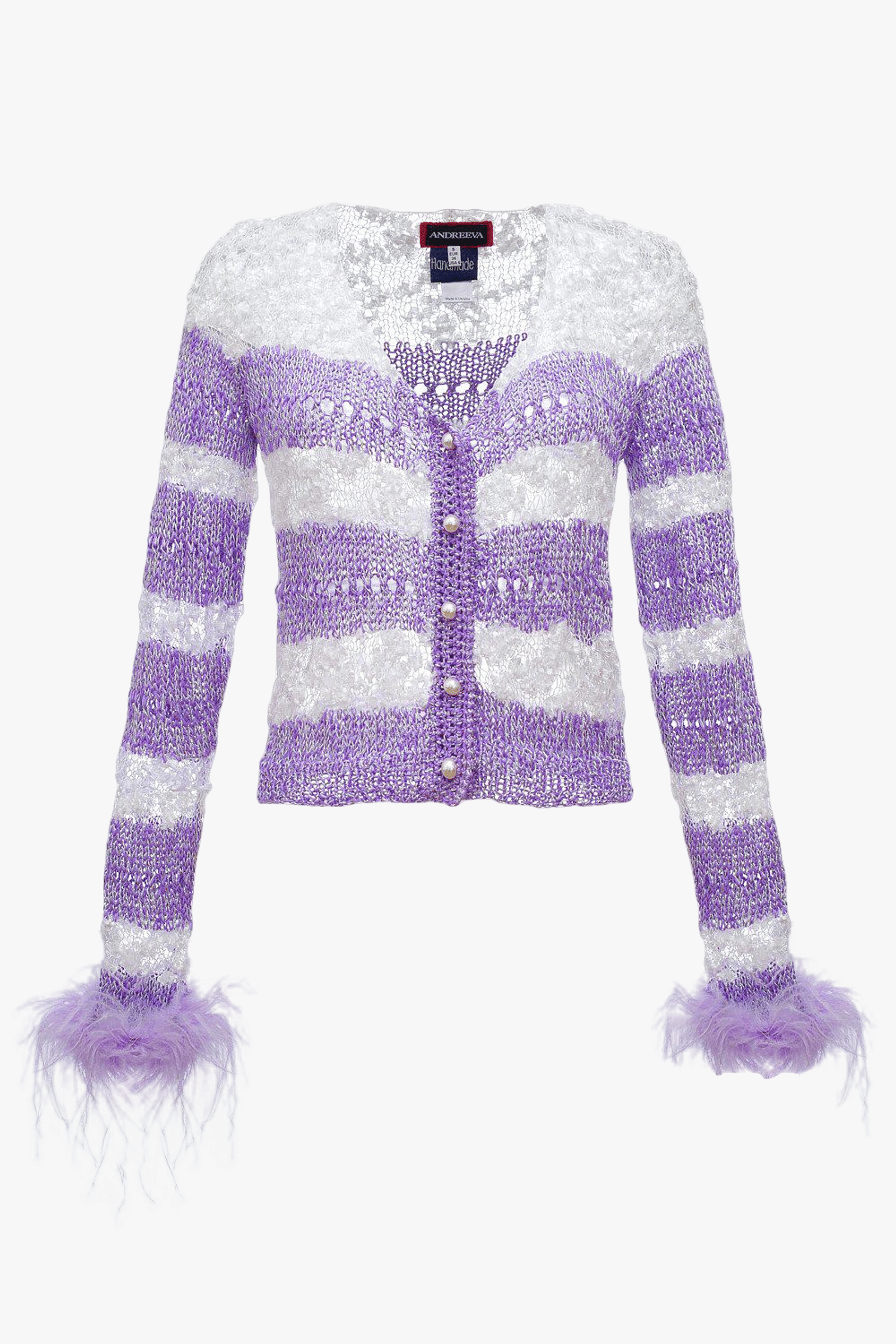 Lavender Handmade Knit Sweater With Detachable Feather Details On The Cuffs and Pearl Buttons made by ANDREEVA