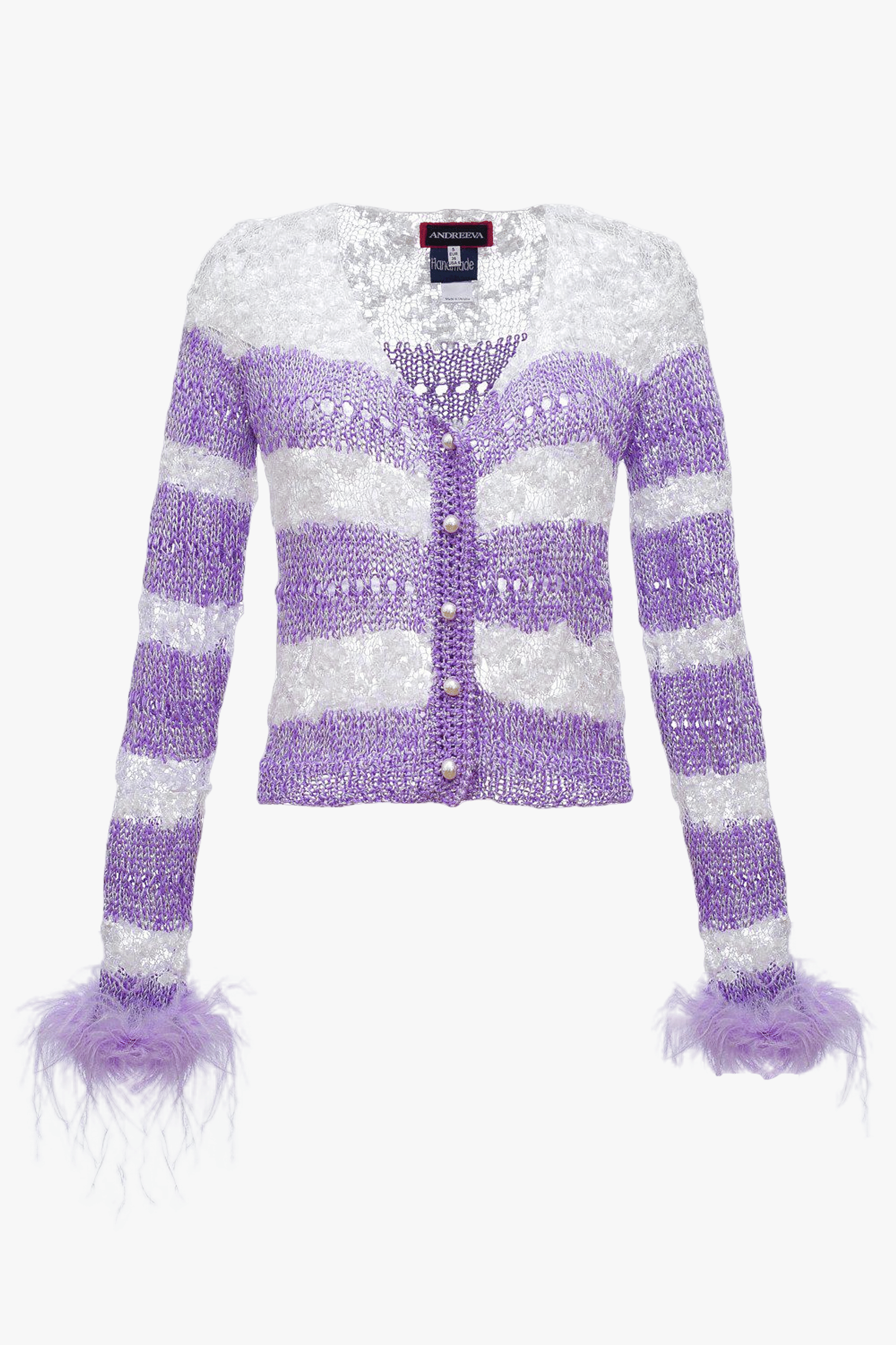 Lavender Handmade Knit Sweater With Detachable Feather Details On The Cuffs and Pearl Buttons made by ANDREEVA