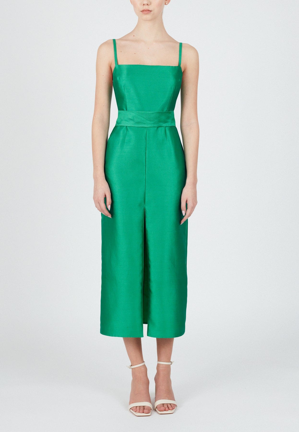 MANU jade green silk linen midi dress in Green made by UNDRESS