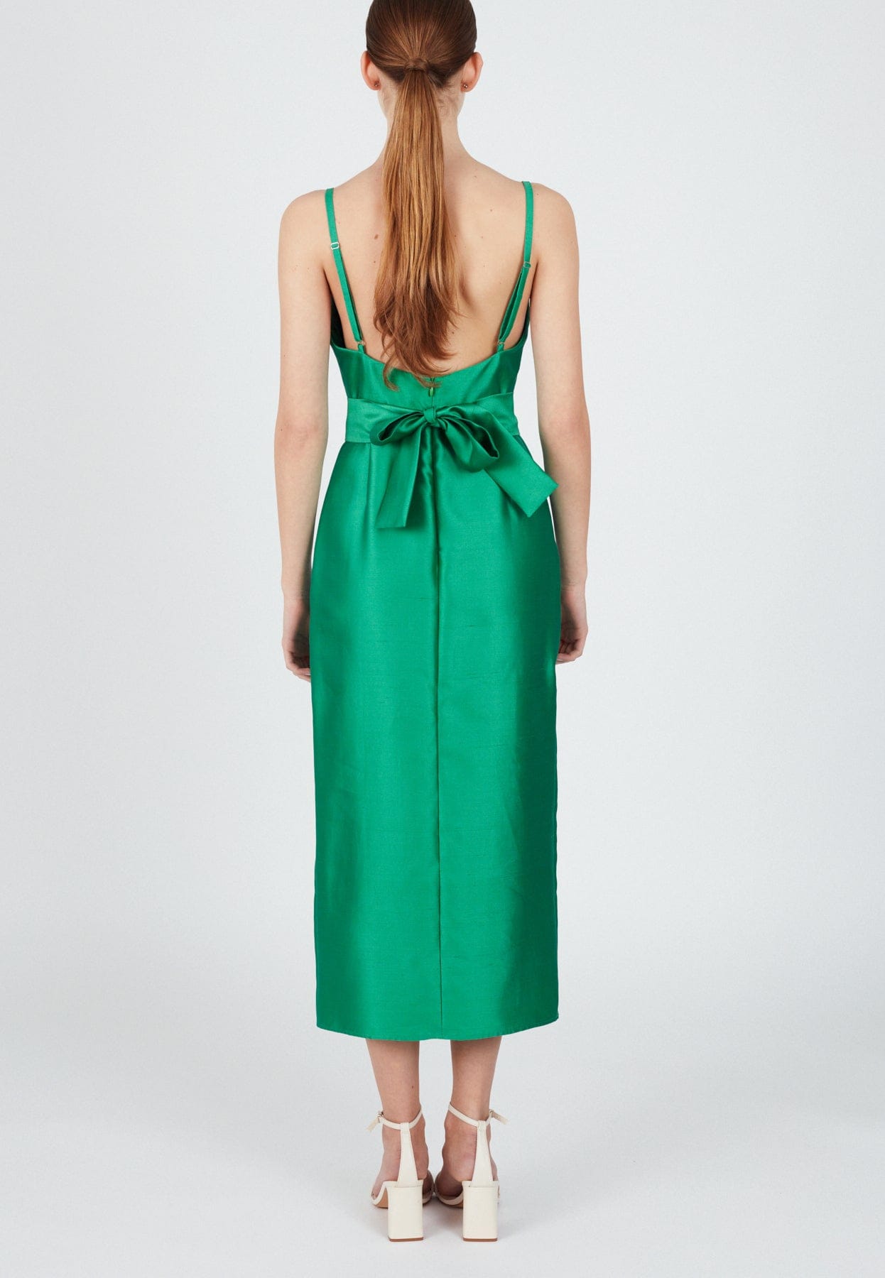 MANU jade green silk linen midi dress in Green made by UNDRESS