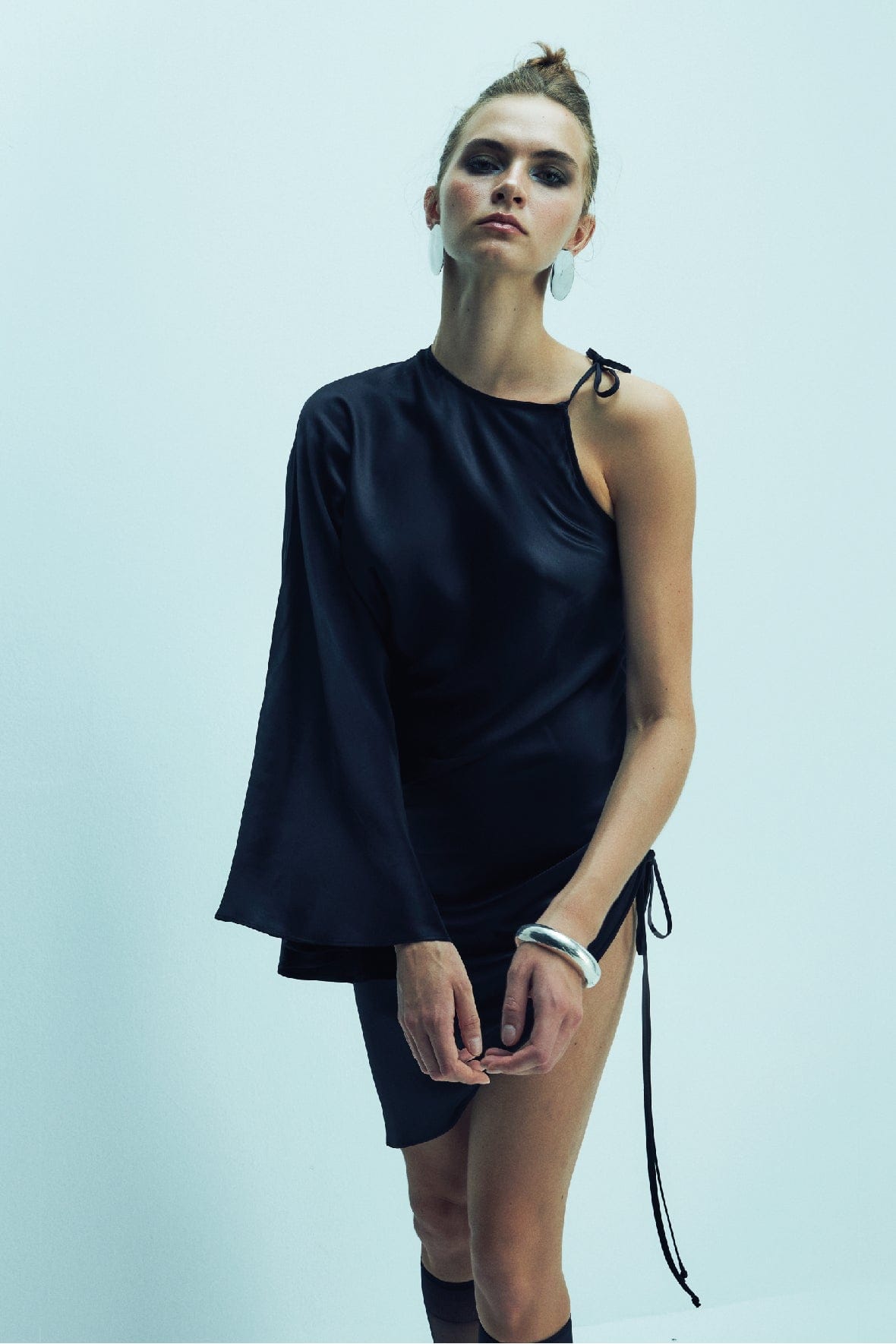 Rocha Asymmetric Mini Satin Dress in Black made by Nazli Ceren