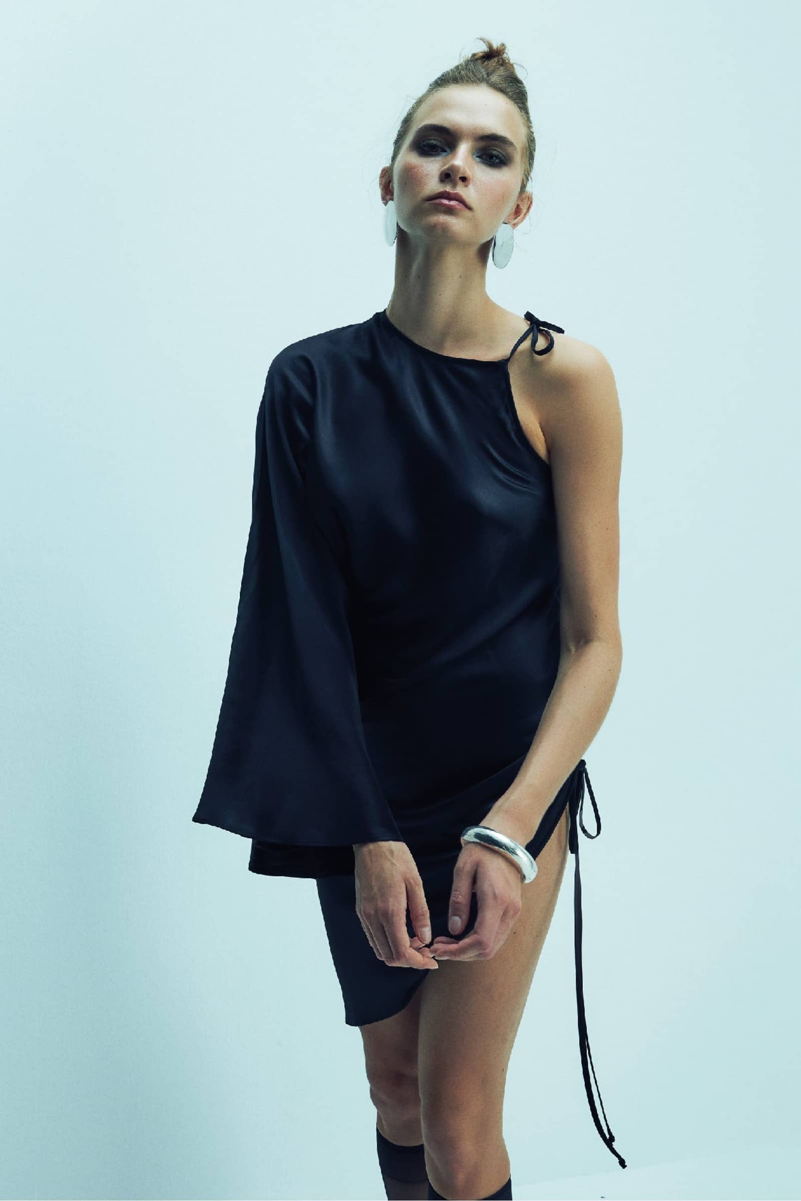 Rocha Asymmetric Mini Satin Dress in Black made by Nazli Ceren