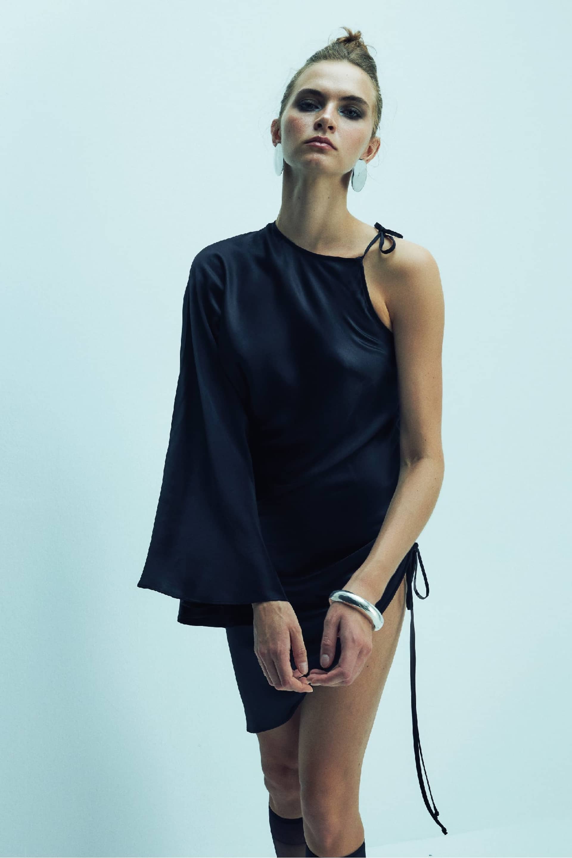 Rocha Asymmetric Mini Satin Dress in Black made by Nazli Ceren
