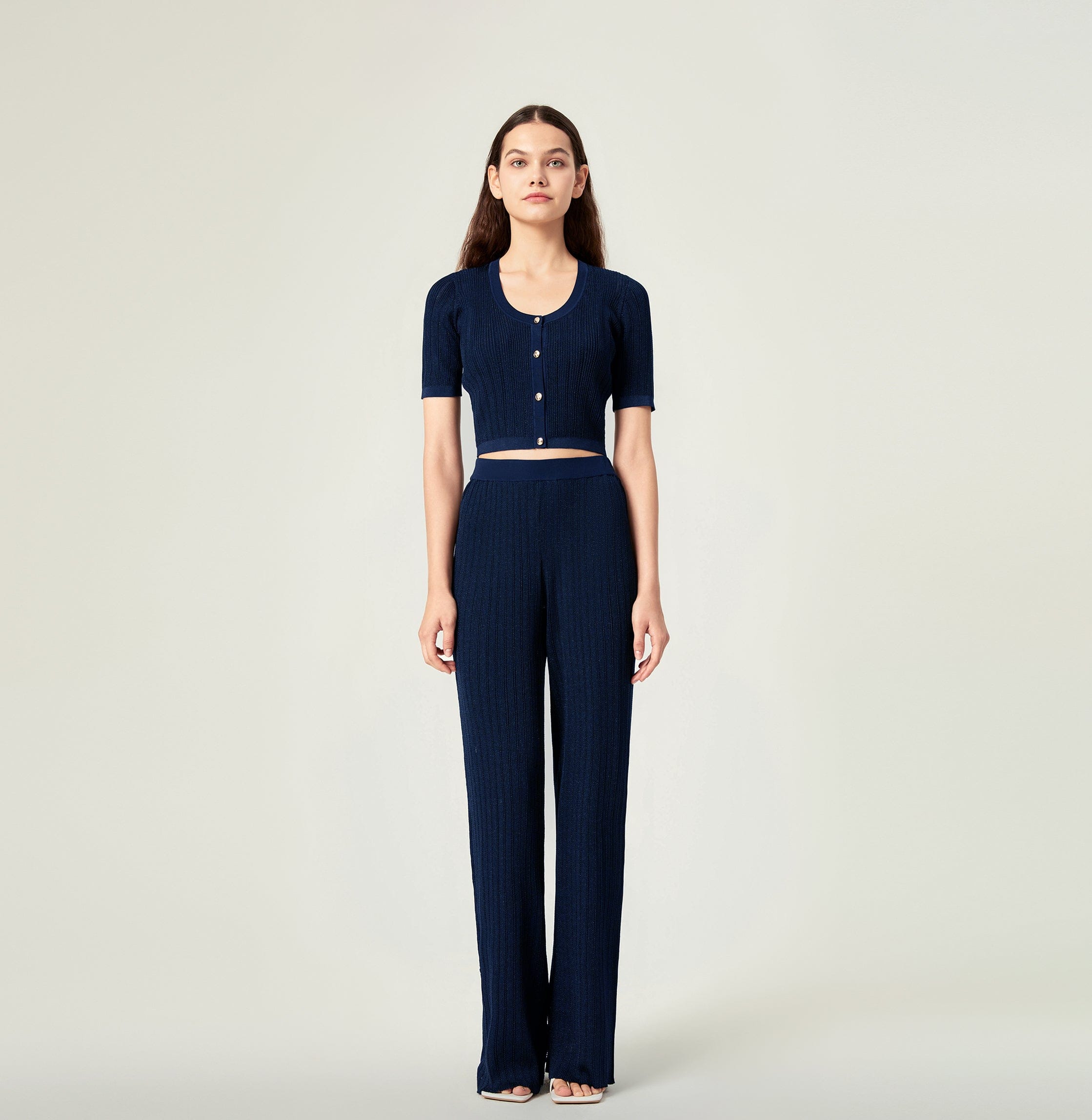 METALLIC BUTTON-EMBELLISHED CROPPED CARDIGAN in Blue made by CRUSH Collection