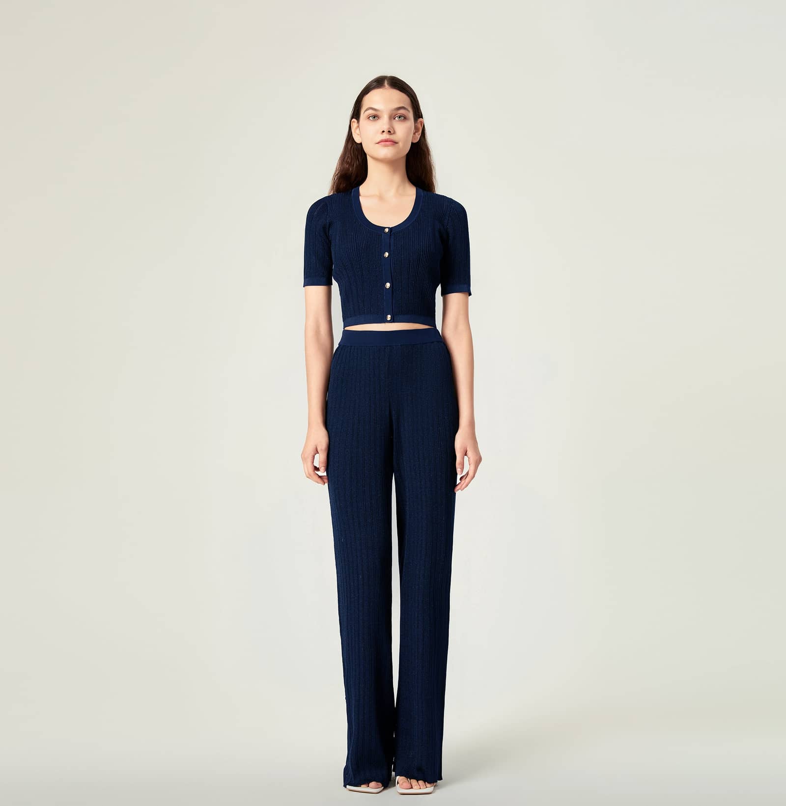 METALLIC BUTTON-EMBELLISHED CROPPED CARDIGAN in Blue made by CRUSH Collection