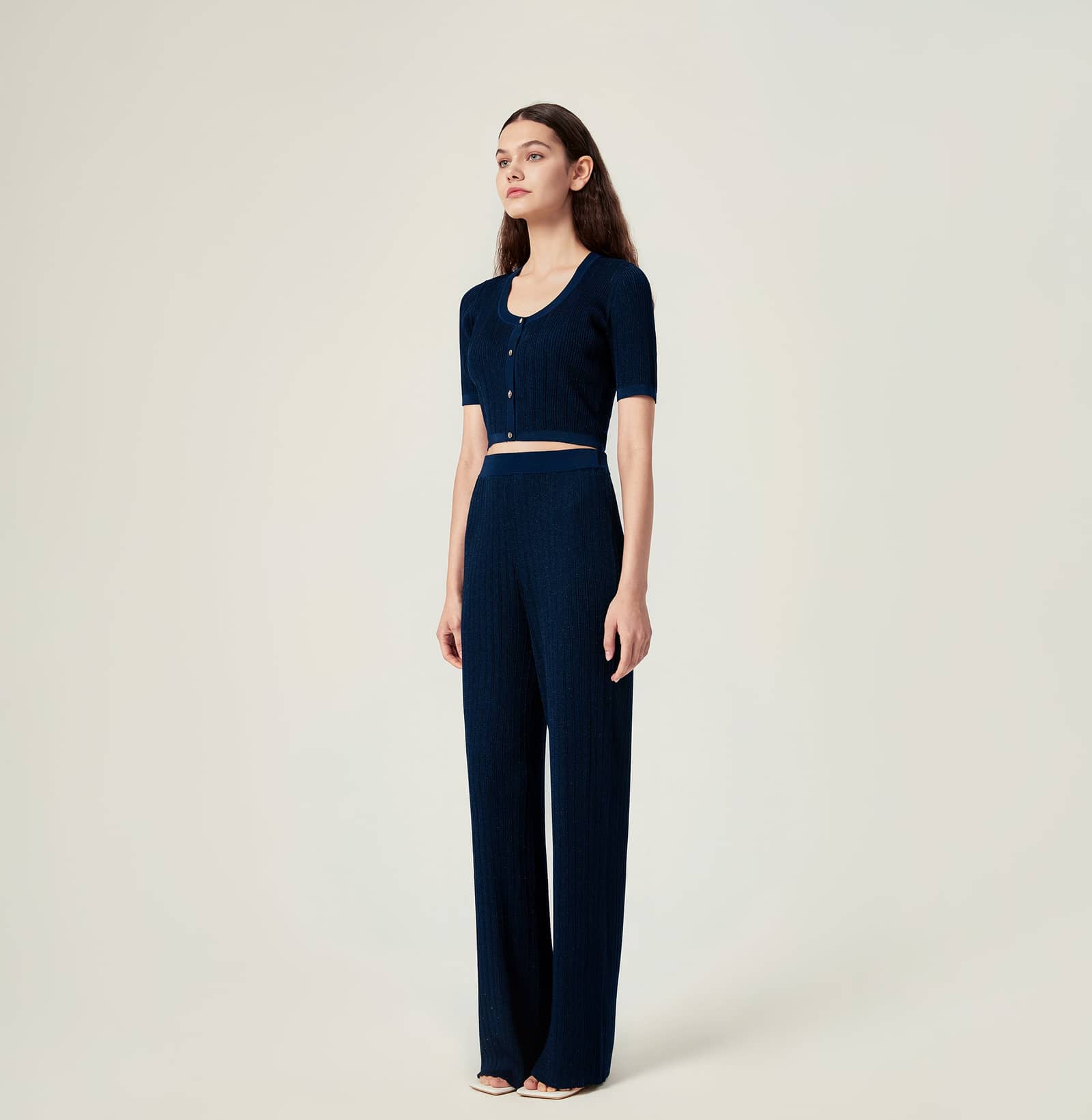 METALLIC BUTTON-EMBELLISHED CROPPED CARDIGAN in Blue made by CRUSH Collection