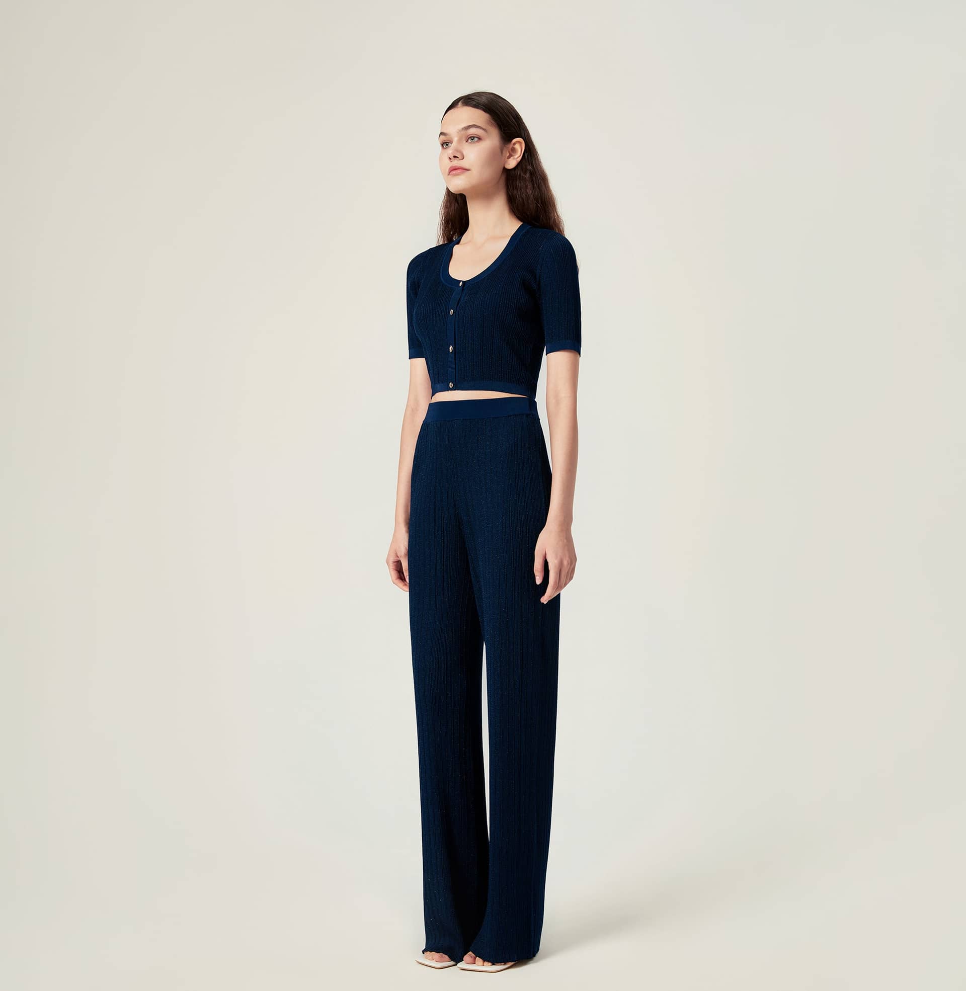 METALLIC BUTTON-EMBELLISHED CROPPED CARDIGAN in Blue made by CRUSH Collection