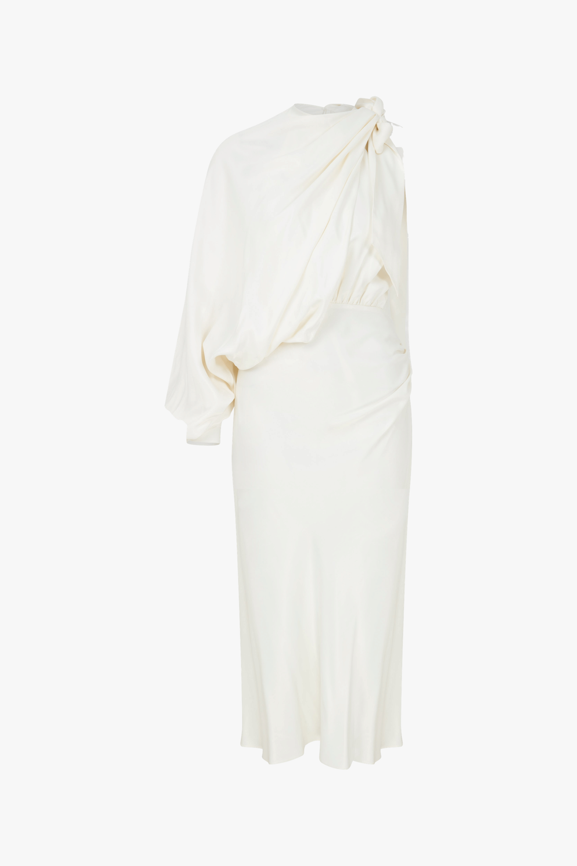 Emillien Asymmetric Satin Dress in White Swan made by Nazli Ceren