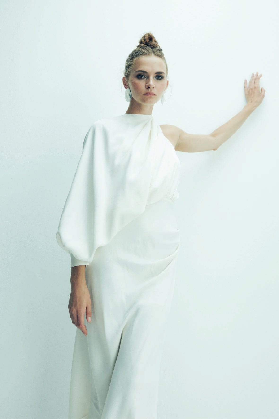 Emillien Asymmetric Satin Dress in White Swan made by Nazli Ceren