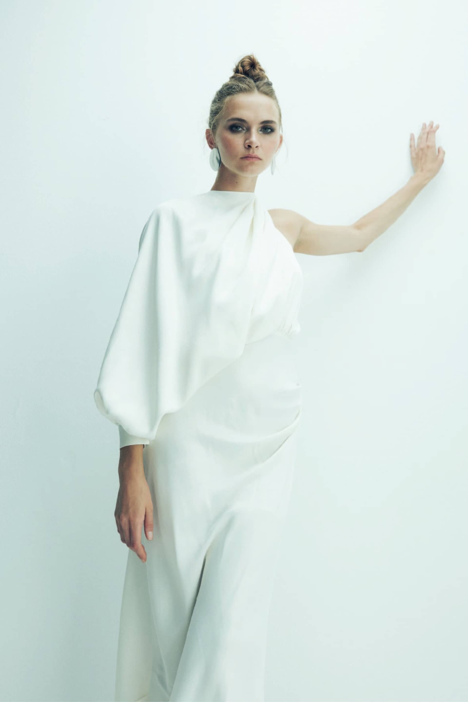 Emillien Asymmetric Satin Dress in White Swan made by Nazli Ceren