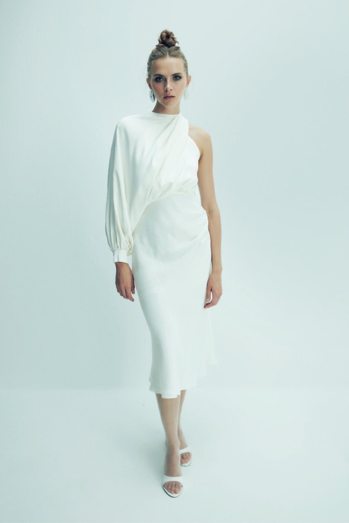 Emillien Asymmetric Satin Dress in White Swan made by Nazli Ceren