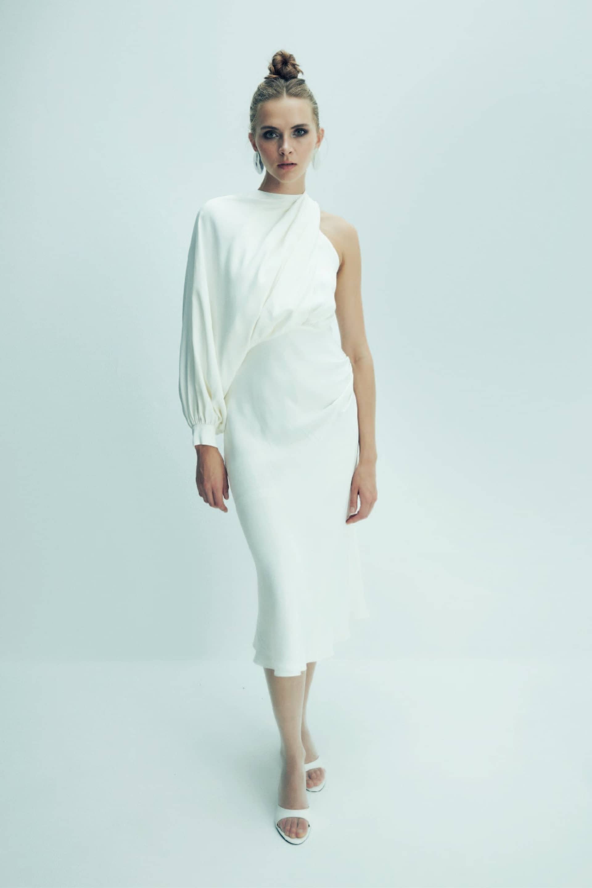 Emillien Asymmetric Satin Dress in White Swan made by Nazli Ceren
