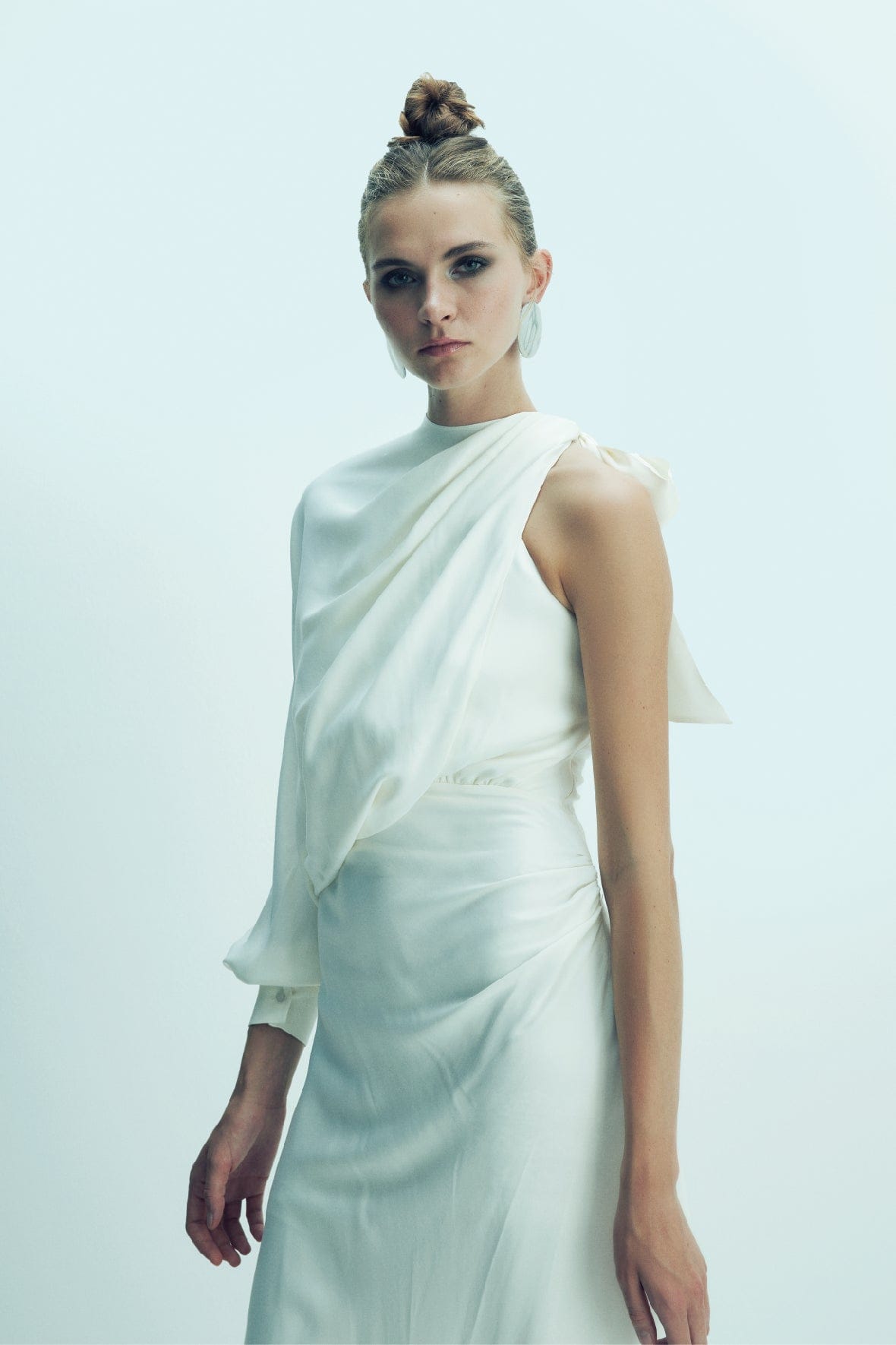 Emillien Asymmetric Satin Dress in White Swan made by Nazli Ceren