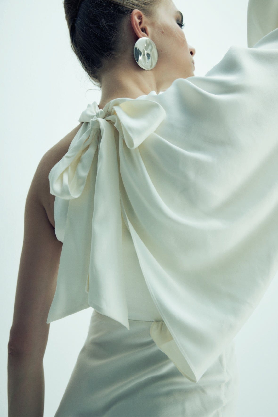 Emillien Asymmetric Satin Dress in White Swan made by Nazli Ceren