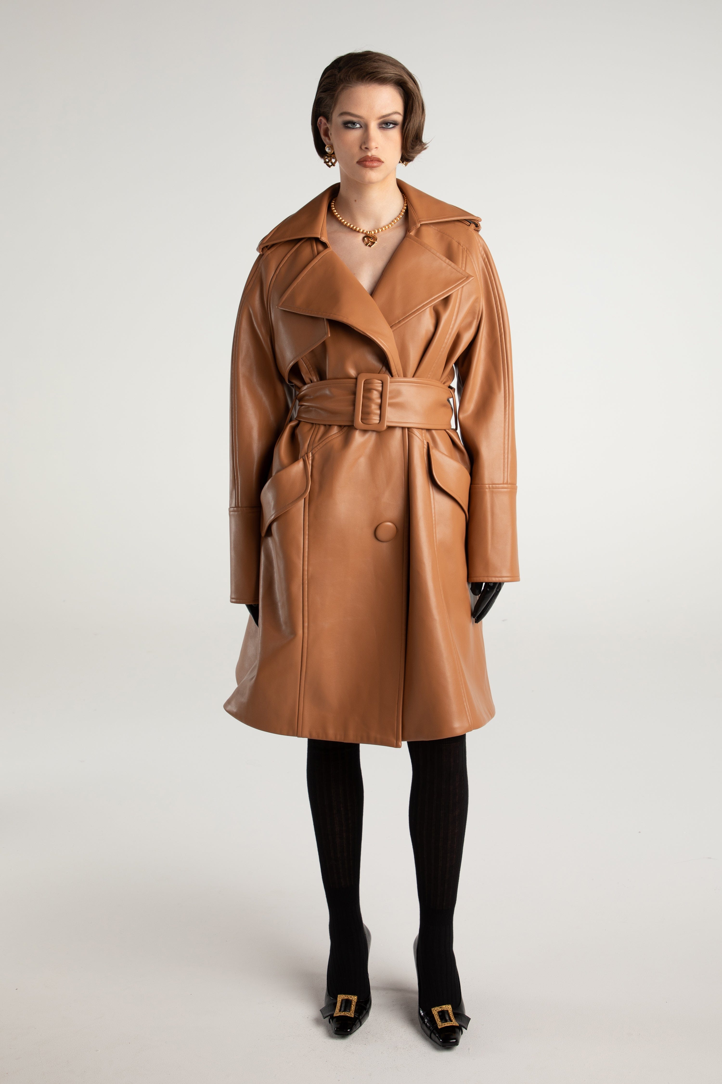 Keira Leather Trench Coat (Brown) (Final Sale) in Brown made by Nana Jacqueline