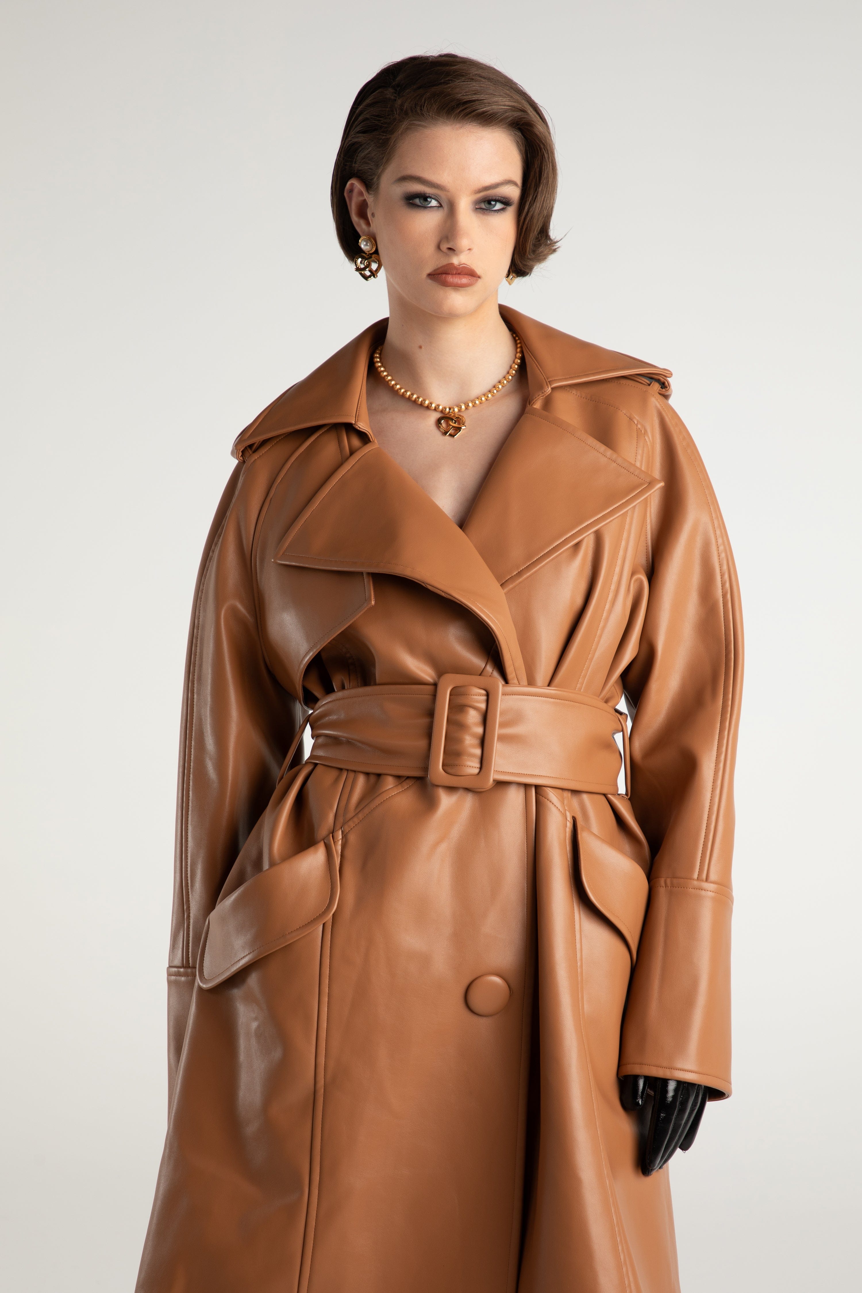 Keira Leather Trench Coat (Brown) (Final Sale) in Brown made by Nana Jacqueline