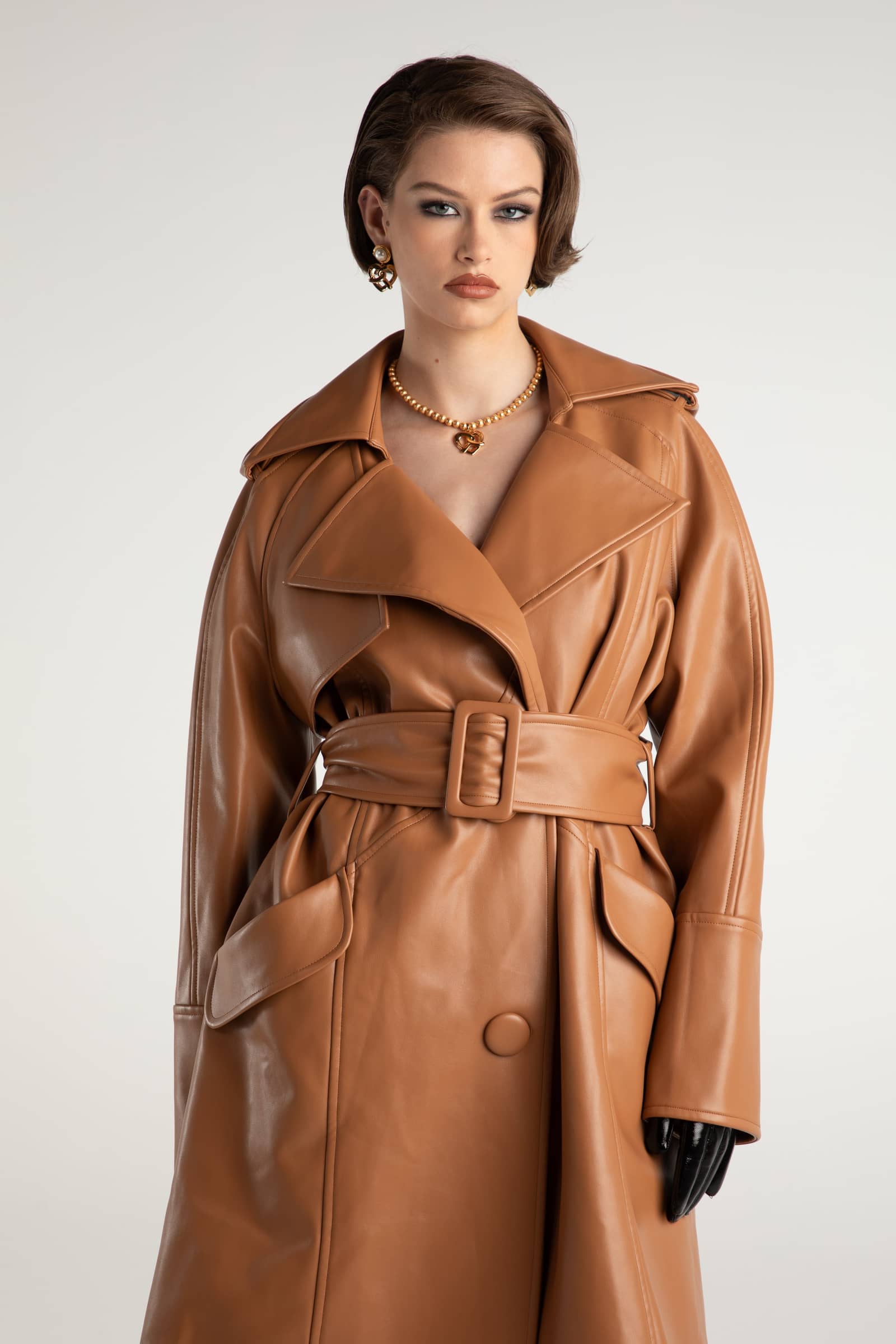 Keira Leather Trench Coat (Brown) (Final Sale) in Brown made by Nana Jacqueline