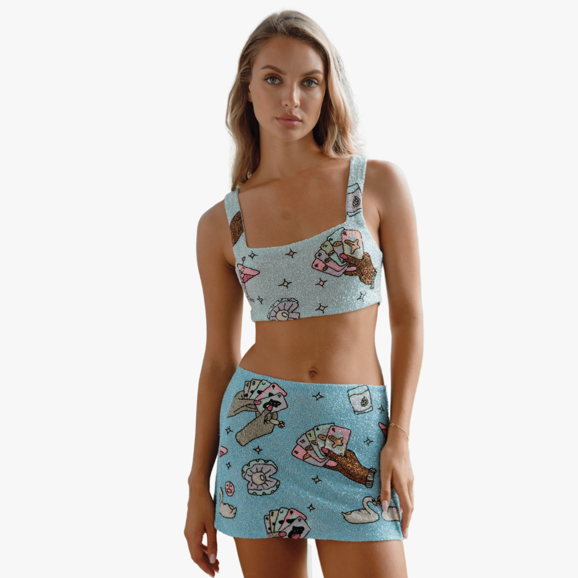 Vegas Beaded Mini Blue Party Beach Co-ord in Blue made by Oceanus Swimwear