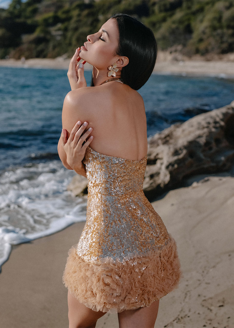 Gold sequin tulle-detail dress made by Monika Dimova