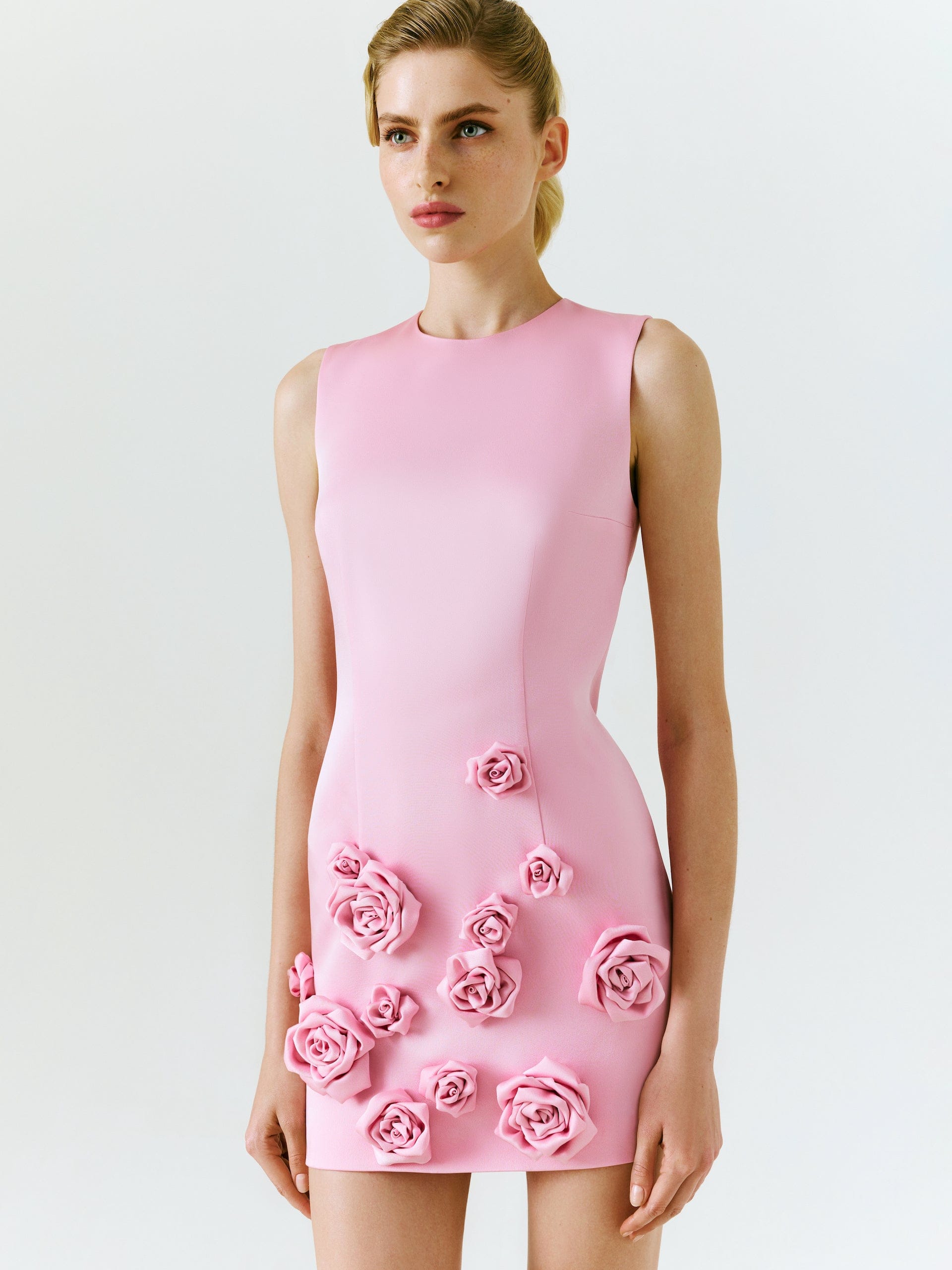 Rose-Appliqué Round Neck Cady Mini Dress in Pink made by NDS The Label