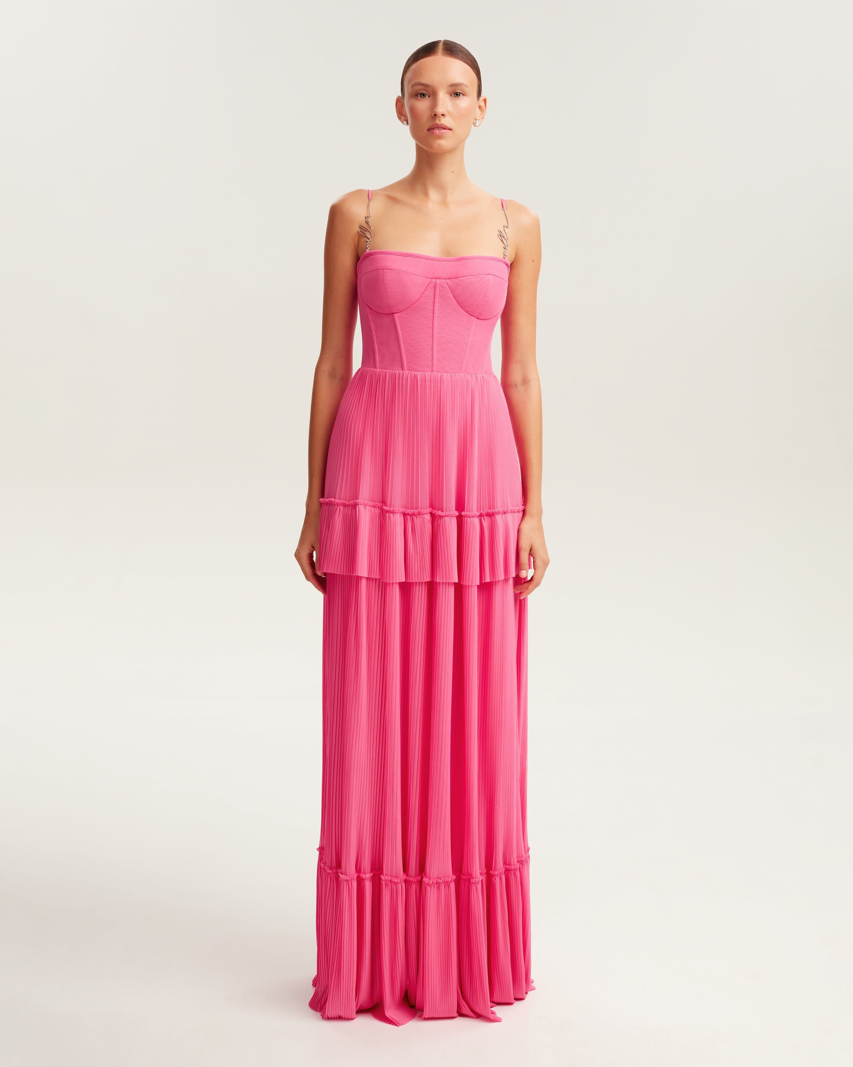 Barbie pink spaghetti strap pleated maxi dress, Garden of Eden made by Milla