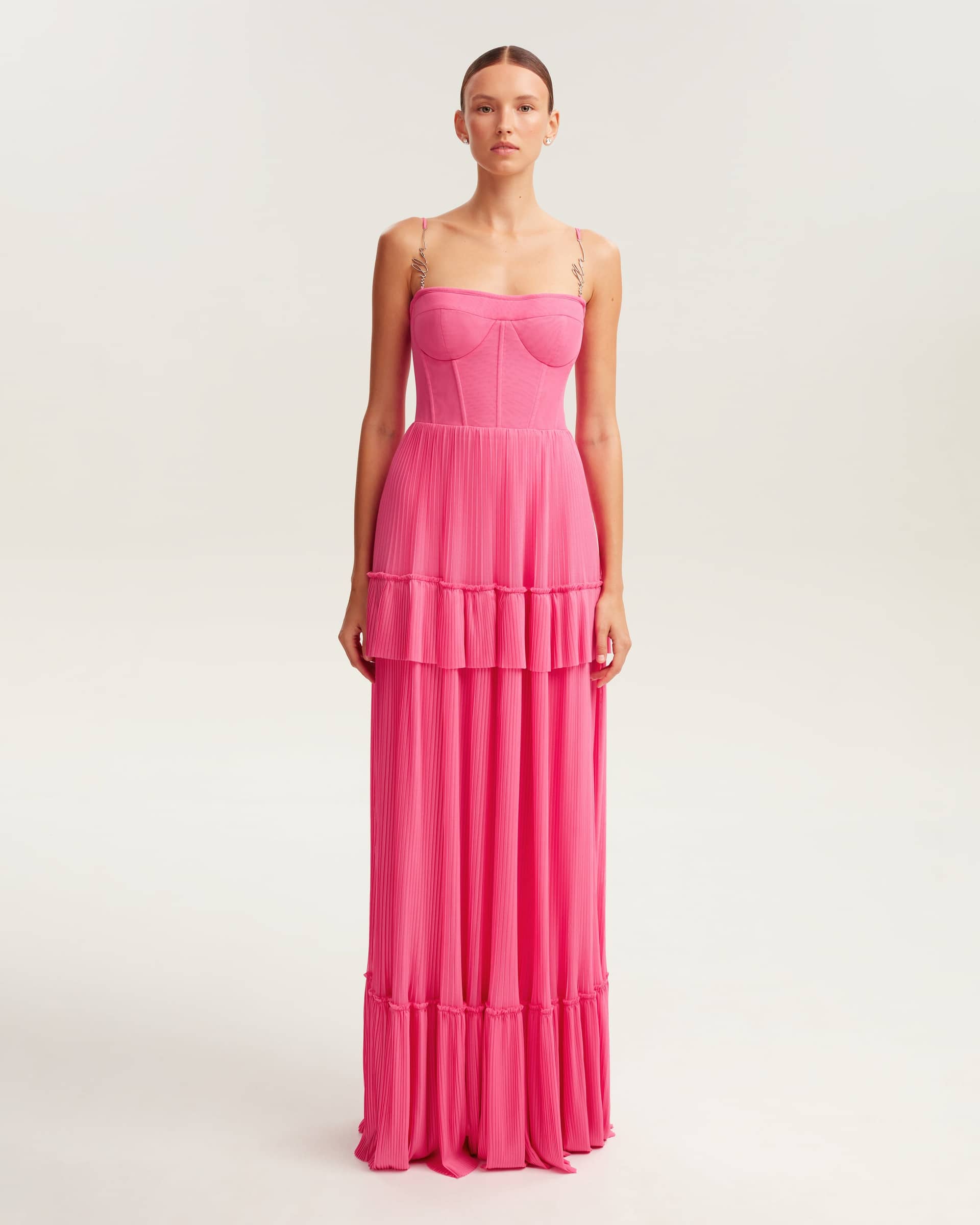 Barbie pink spaghetti strap pleated maxi dress, Garden of Eden made by Milla
