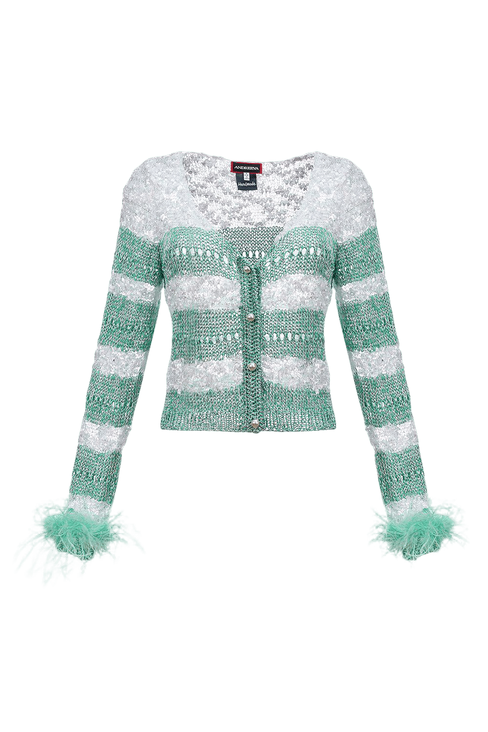 Mint Handmade Knit Sweater With Detachable Feather Details On The Cuffs and Pearl Buttons in Blue made by ANDREEVA