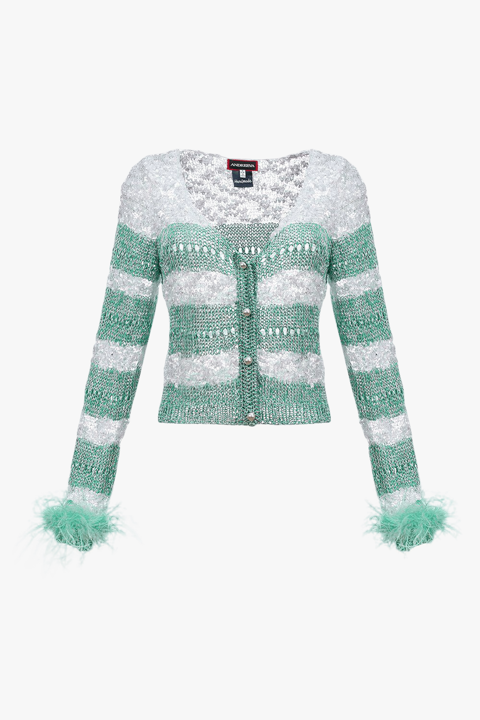 Mint Handmade Knit Sweater With Detachable Feather Details On The Cuffs and Pearl Buttons in Blue made by ANDREEVA