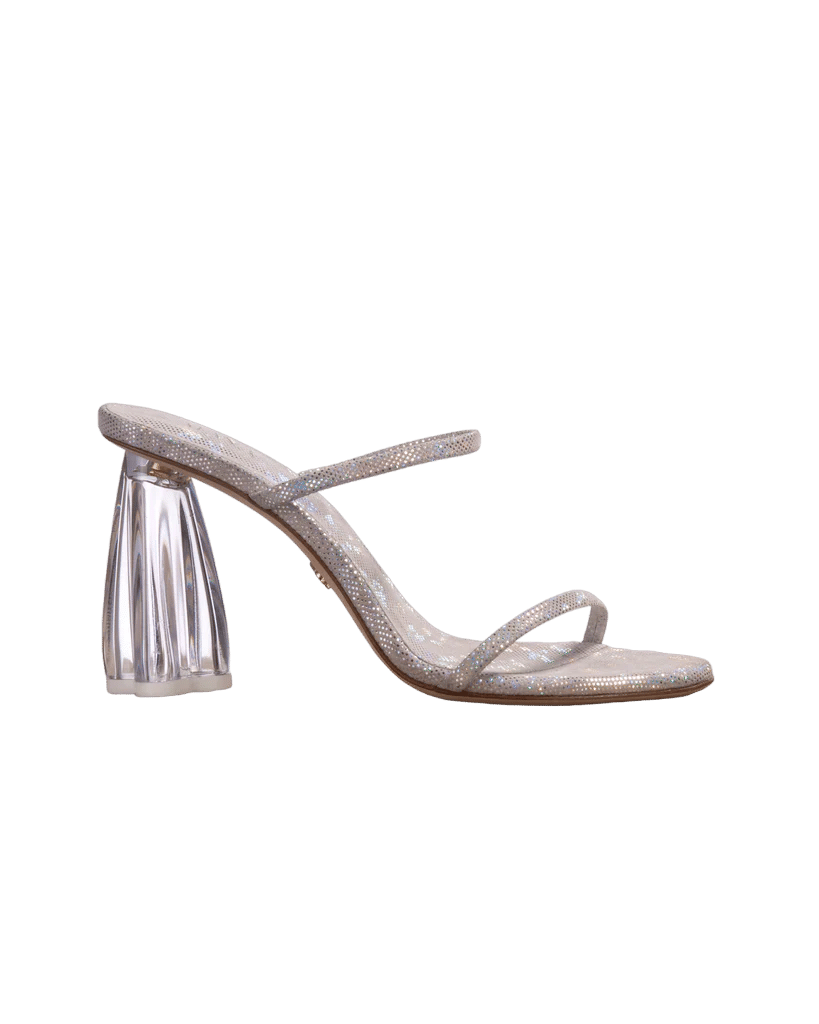 Fiorellini Glass Heel 95 Disco Suede in Silver made by ATANA