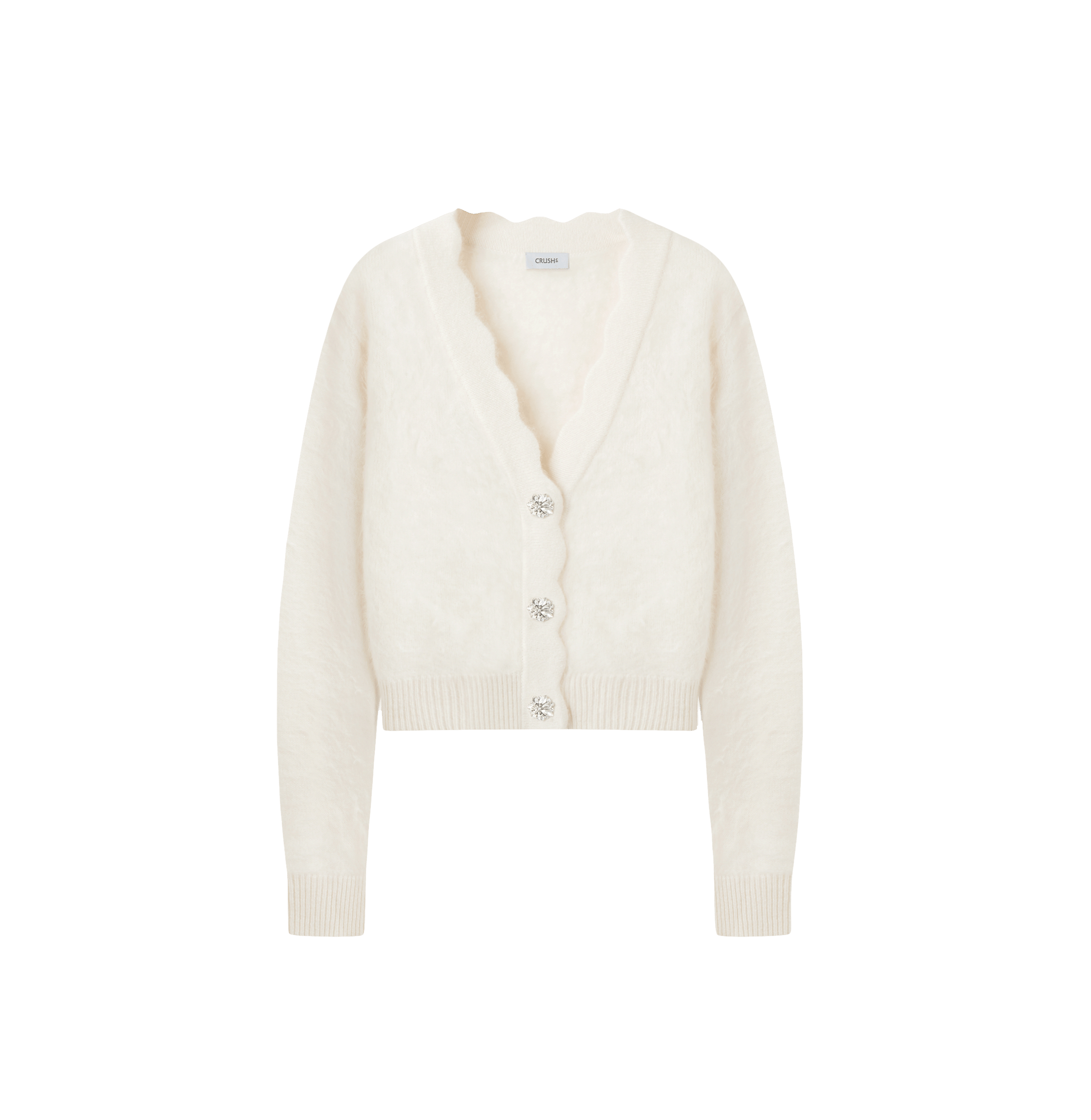 FLUFFY CASHMERE SCALLOPED V-NECK CARDIGAN in White made by CRUSH Collection