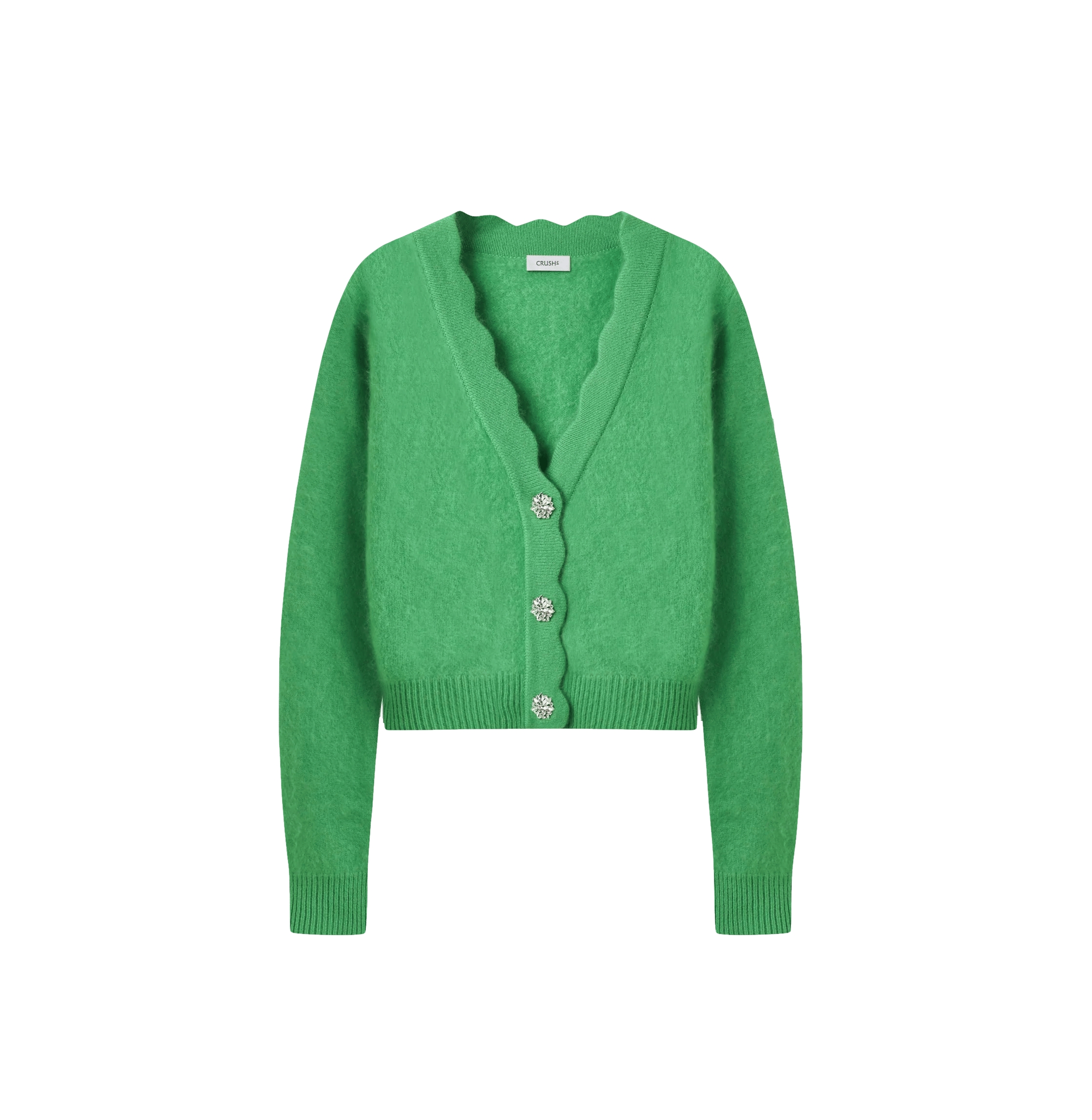 FLUFFY CASHMERE SCALLOPED V-NECK CARDIGAN in Green made by CRUSH Collection