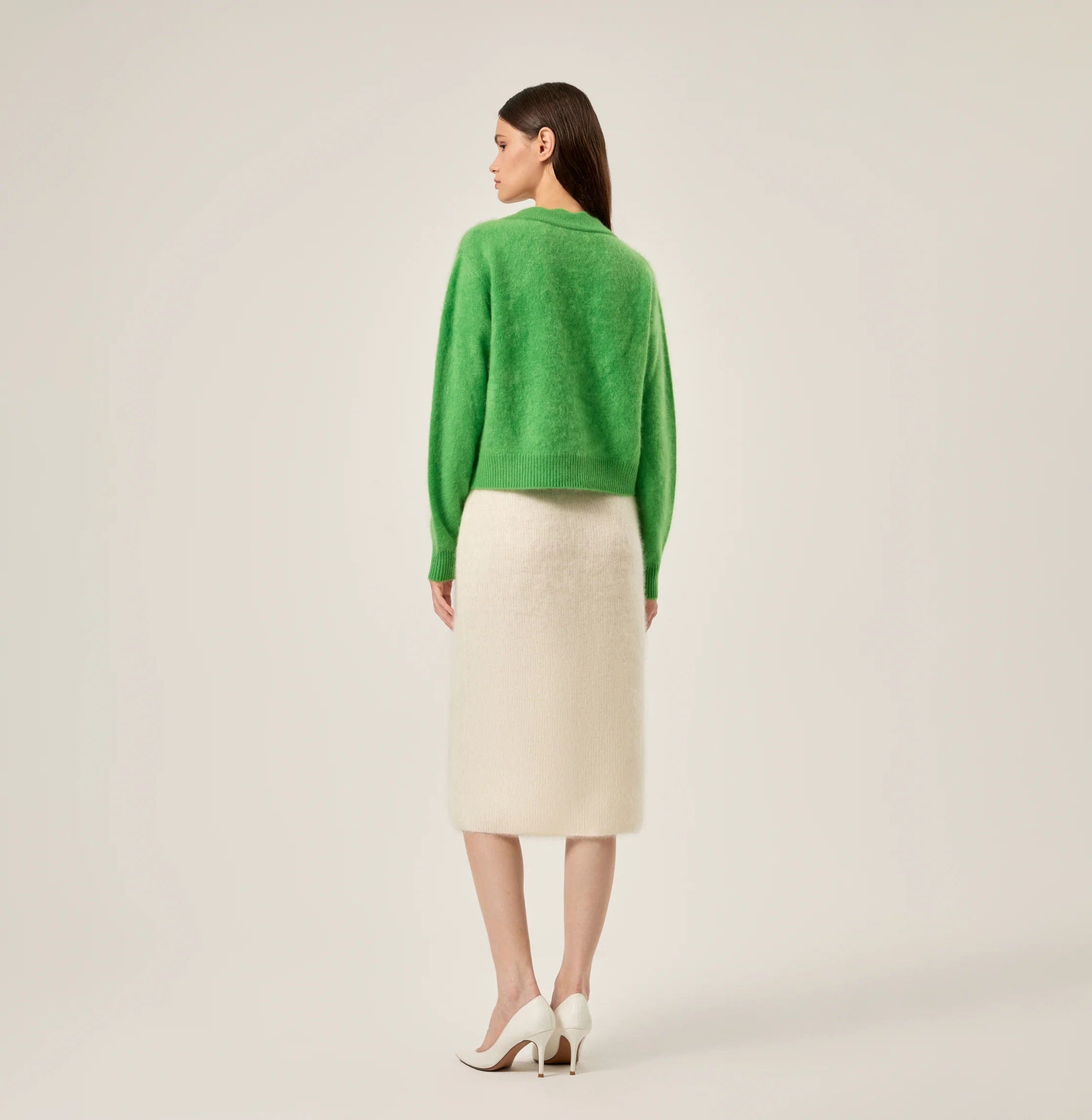 FLUFFY CASHMERE SCALLOPED V-NECK CARDIGAN in Green made by CRUSH Collection