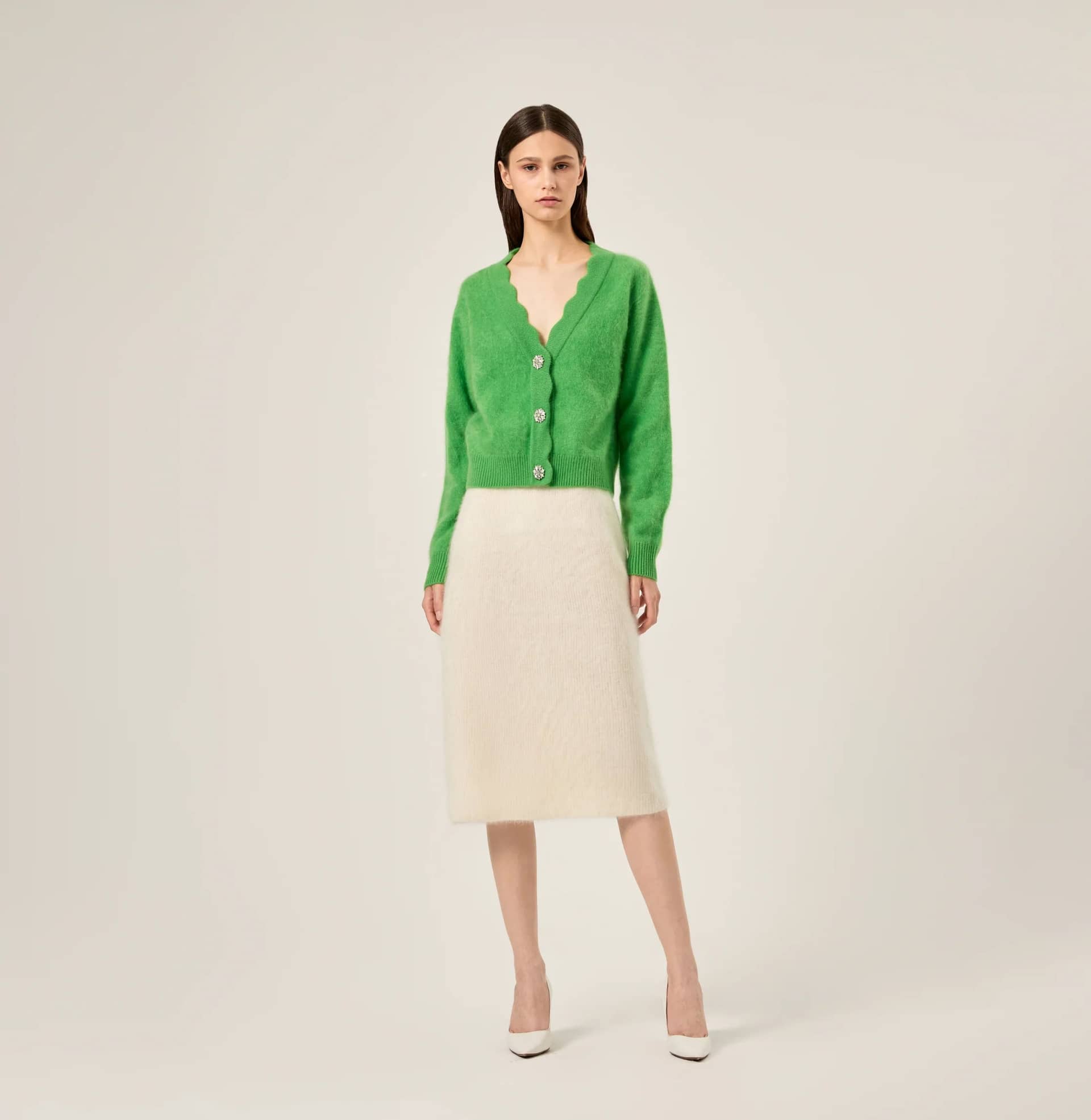 FLUFFY CASHMERE SCALLOPED V-NECK CARDIGAN in Green made by CRUSH Collection