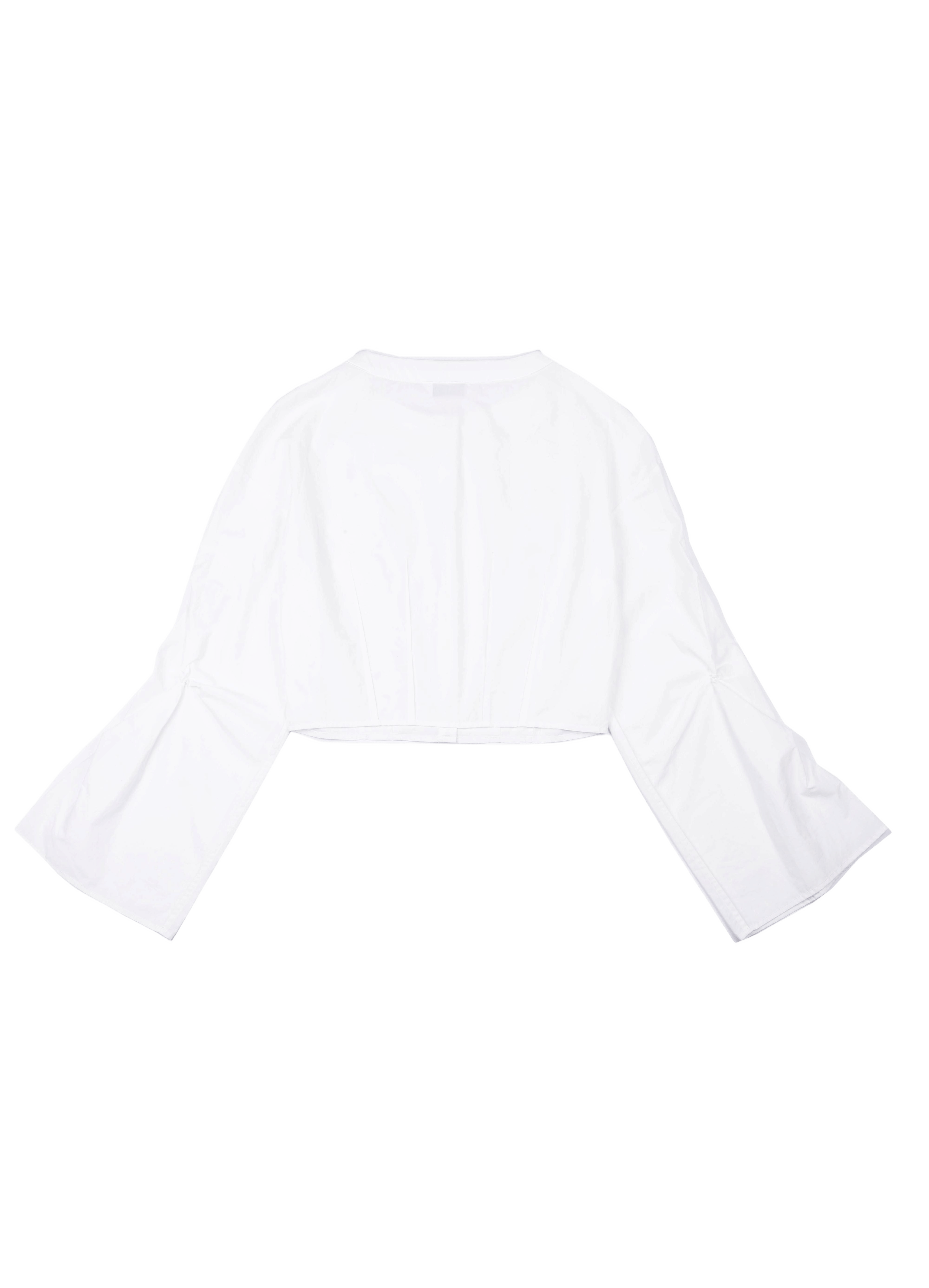 CROPPED WHITE BLOUSE WITH CROCHET FLOWER AND SMOCKED BELL SLEEVES made by YIBRI