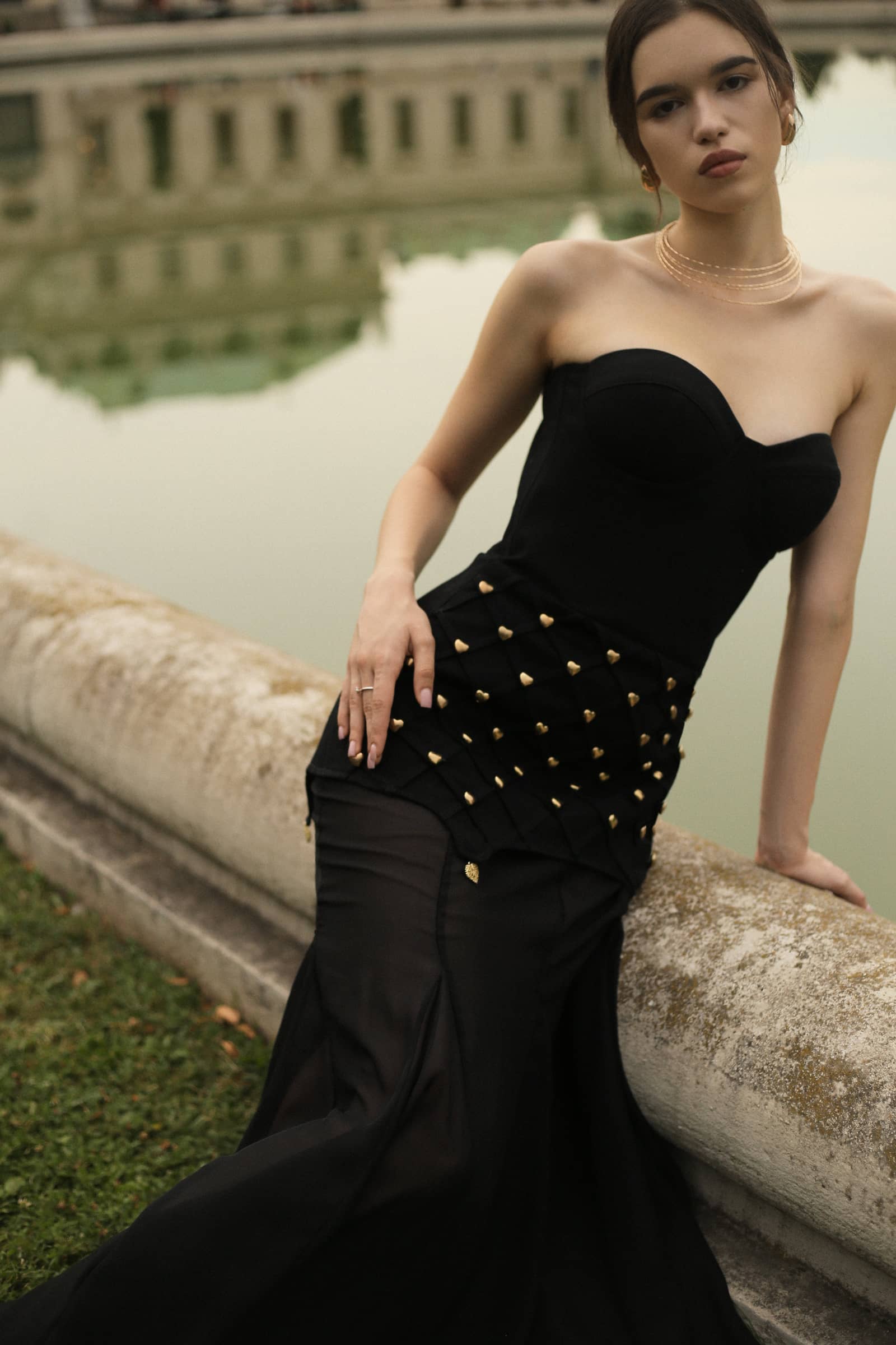 MAXI DRESS with gold decorations made by Guranda