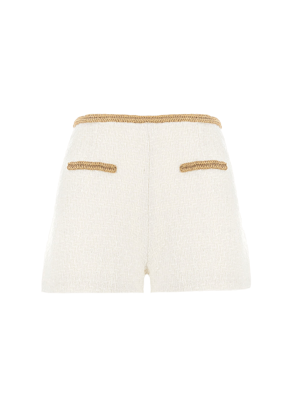 Gold thread-embroidered tweed shorts made by Monika Dimova