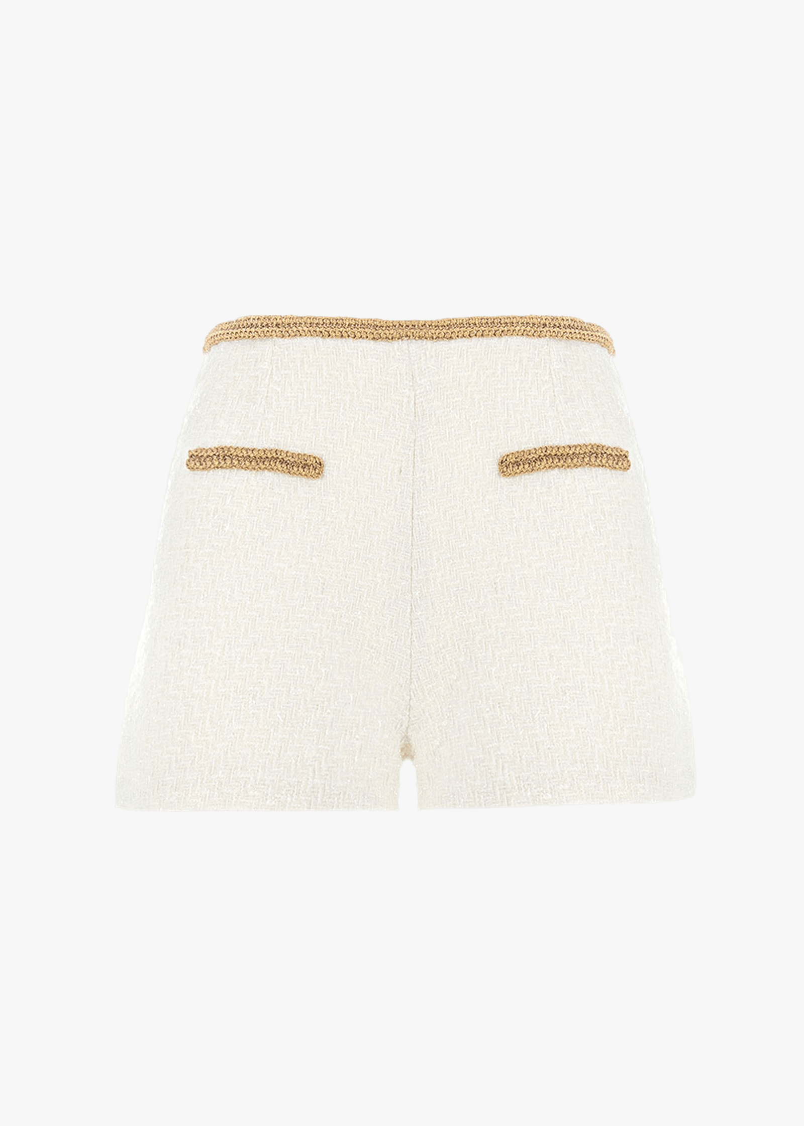 Gold thread-embroidered tweed shorts made by Monika Dimova