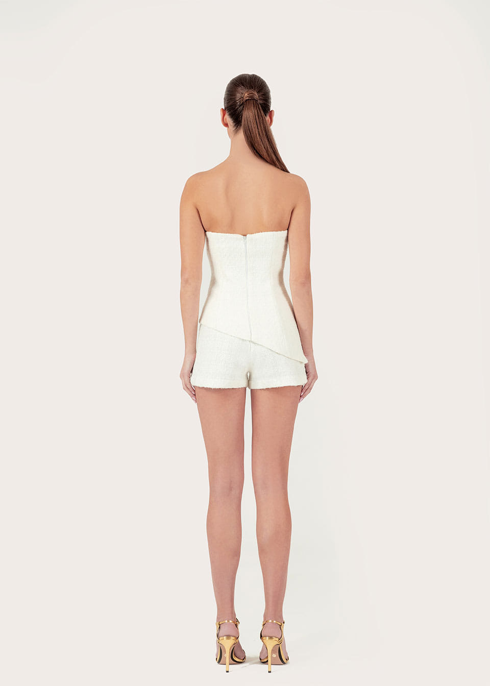 Gold thread-embroidered tweed shorts made by Monika Dimova