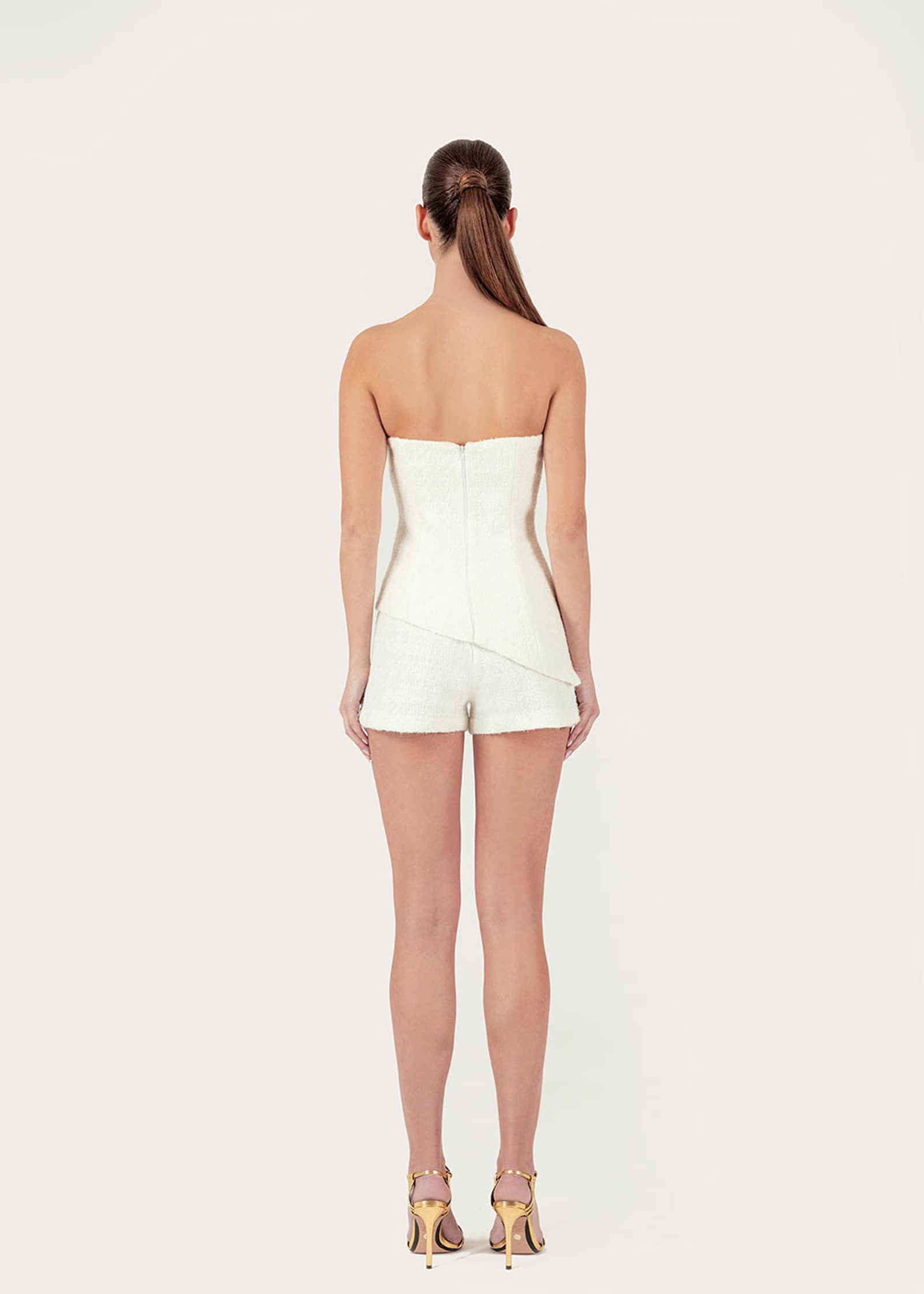 Gold thread-embroidered tweed shorts made by Monika Dimova