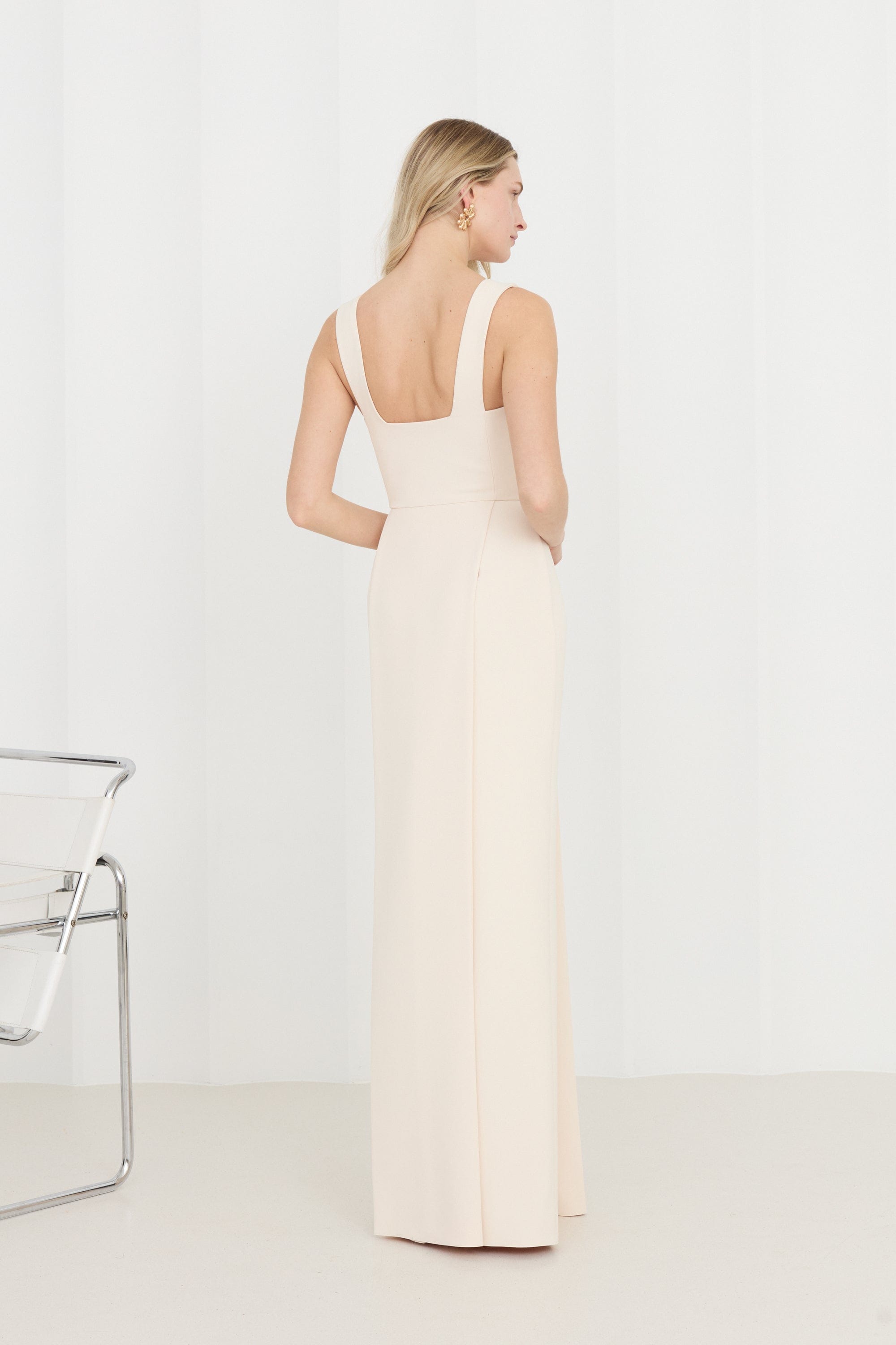 SONORA Pastel Cream Long Dress With Pleated Pencil Skirt made by UNDRESS