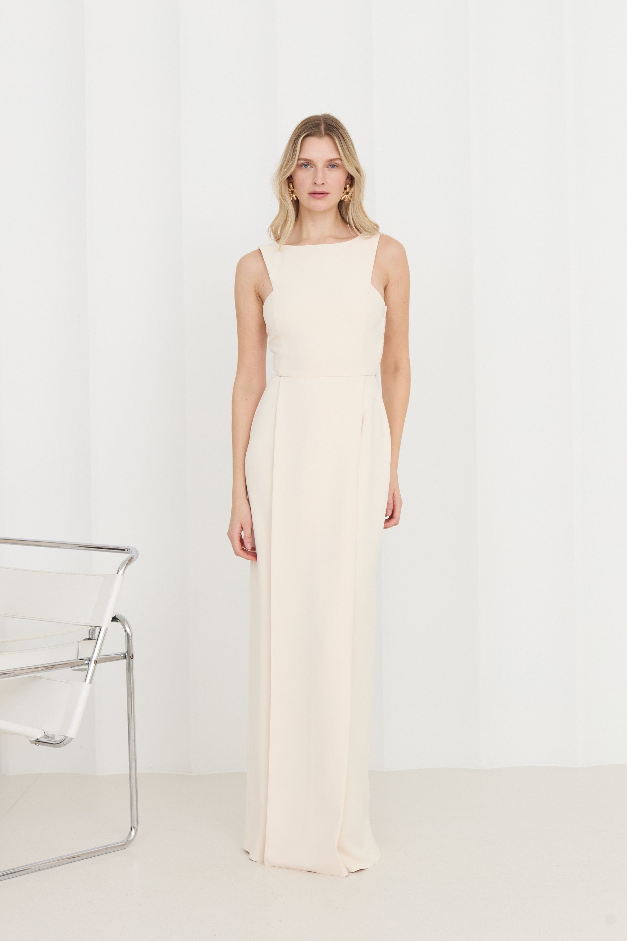 SONORA Pastel Cream Long Dress With Pleated Pencil Skirt made by UNDRESS