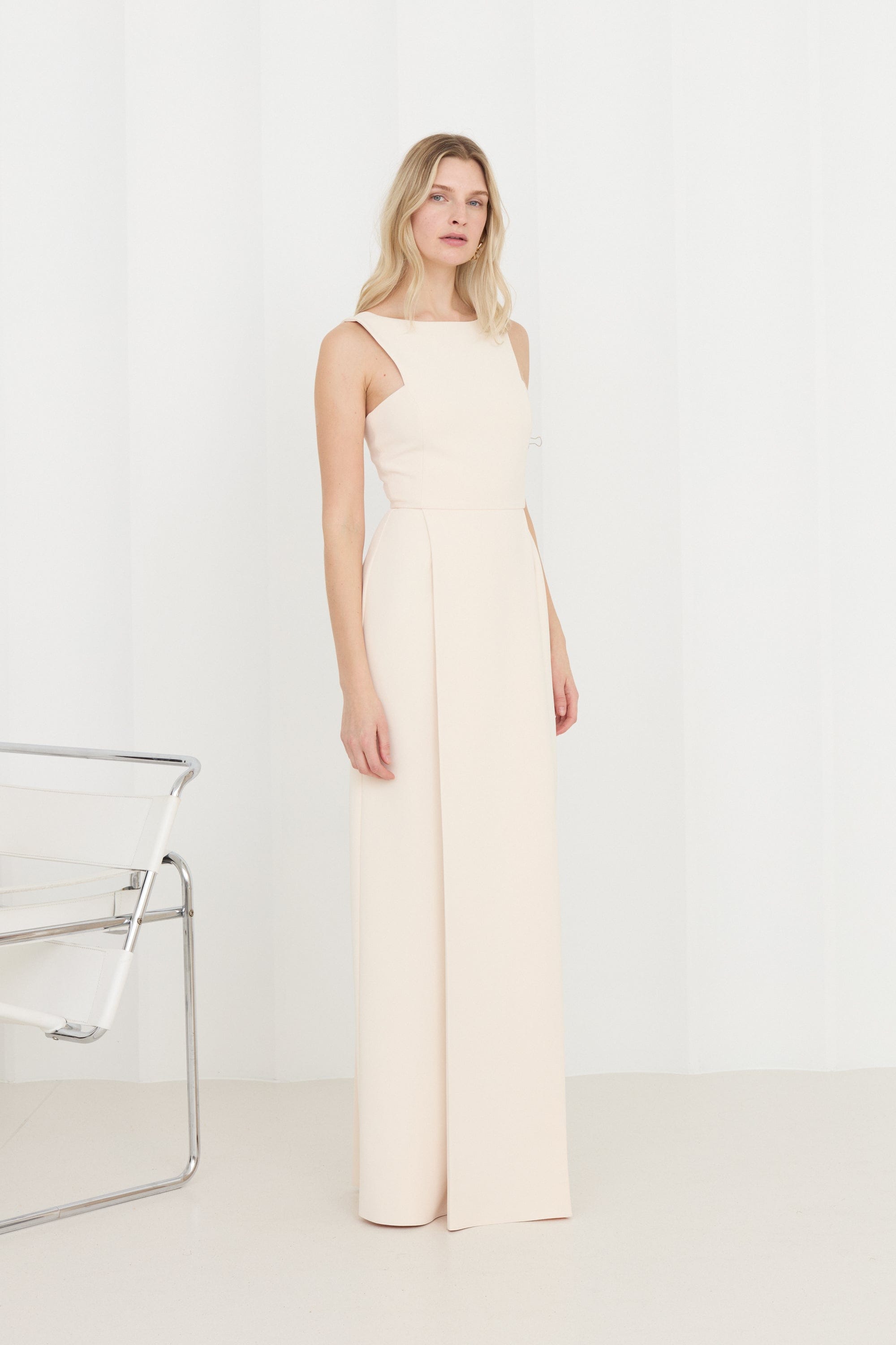 SONORA Pastel Cream Long Dress With Pleated Pencil Skirt made by UNDRESS